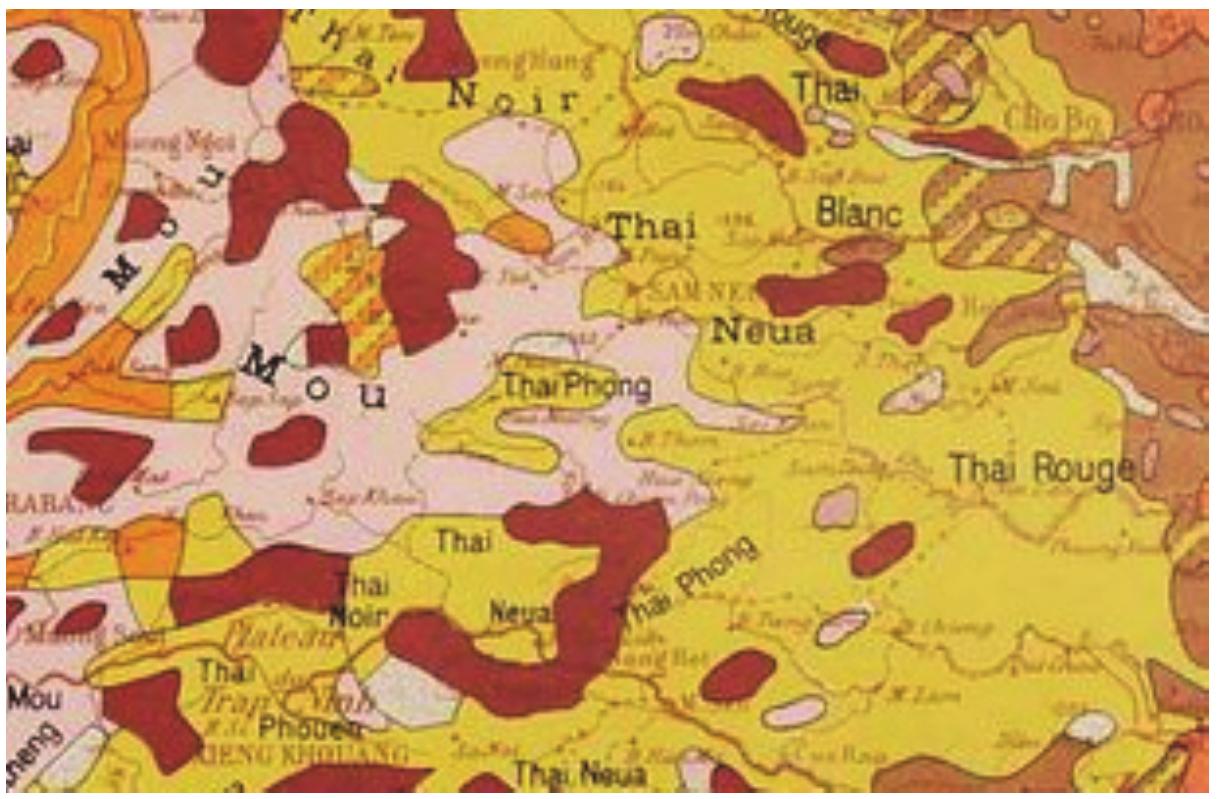 The 1949 Carte ethnolinguistique shows this reality in spatial terms, and provides  additional information on the are labelled Thai Phong, as ex  arger linguistic ecology of the region. First, both Phong groups pected in the colonial record. Again, the use of Thai does not  necessarily denote ethnic Tai/Thay, but can be a “people marking” word. However, they are  colored coded as Tai/Thay in others in this category such as  he scheme of the map, in yellow: this equates them with the “Thai Noir’, “Thai Rouge” and “Thai Neua.” The northern  group of Thai Phong, around Houamuang, are completely surrounded by Mon-Khmer “Mou”  (Khmu?) and “Phouteng,” but  within a ring of Thai Neua beyond which are the Tai Daeng  and Tai Dam. The southern group of Thai Phong, are borded by an area of “Meo” to the east, but are surrounded mostly by the “Thai Neua.” From this map one would hypothesize that the Phong of Houamuang would have been in contact with the Khmu and Thay Neua, while the more southern group would have most intense contact with Thay Neua, and possibly “Thai Phouen” (Phuan) and possibly Tai Daeng, depending upon the naturea of settlement to their  east (Figure 5).   Fig. 5: “Thai Phong” shown in Carte ethnolinguisique 
