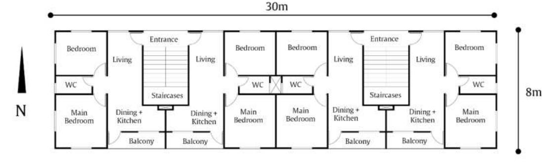 vertical multifamily housing projects in cities of Honduras are mostly between four and twelve-storey high [38  of SPS and considering that it could continue to be used for future vertical social housing projects in Honduras. Typical  main facades facing north and south was modelled considering it as the best case scenario for avoiding high indoor 
