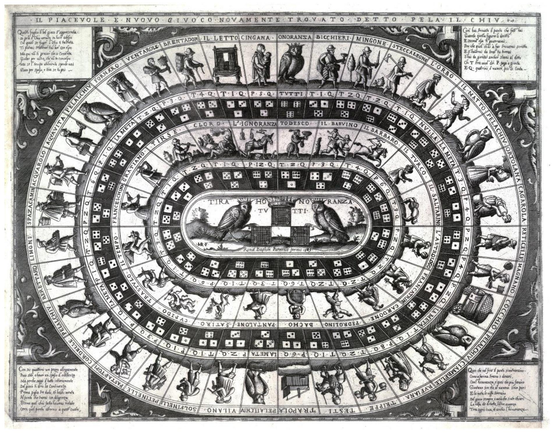 Fig. 6 — Pela il Chiu by Ambrogio Brambilla. Rome: Panzera [Type V]. (© Trustees of the British Museum)  The most modern type, occurring in late 18'*-century French games and 19*-century Dutch and Belgian games, is represented by the game by Brepols of Turnhout (Fig. 5).1* This type shares the features of Type III except that, among numerous other changes of image, the iconography has been sanitised by removal of the unwholesome image of the defecating man. However, the link with Till Eulenspiegel is often emphasised by the central decoration of an owl with a looking-glass. The pay/take numbers differ also from the earlier standards  but have roughly the same overall effect as those of Type III in regard to the contribution tc the pool during play.  
