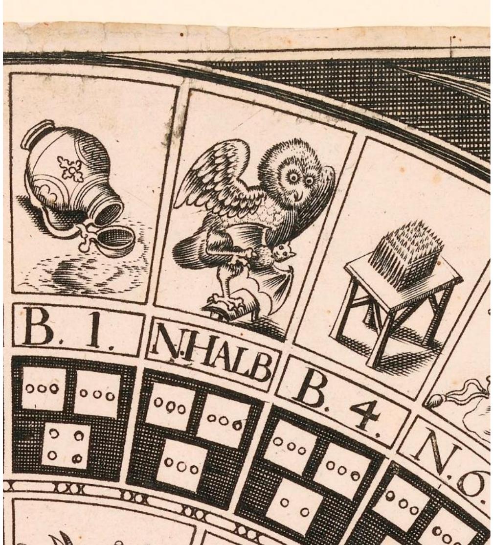 Fig. 7 detail - In the game of Paulus Furst, the owl has caught a bat. The ‘candles’ in the B4 space are well shown  \ print produced around 1700 by Jean Musier, Parisian bookseller and binder, exactly  16 / e plaiasant et nouveau jeu de la Chouette. Paris: chez Jean Musier, rue de Petit-Pont a l’Image S. Antoine, N.D. Coll. James Dalgety, Puzzle Museum, Devon (UK). 