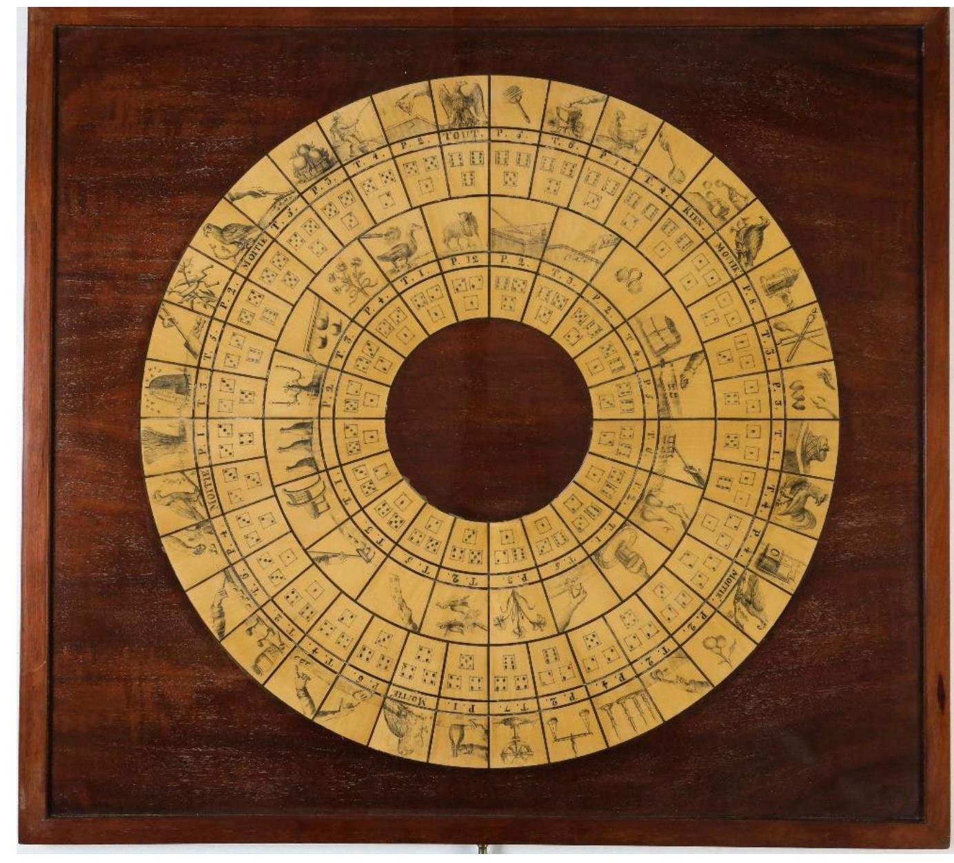Fig. 9—[ Jeu de la Chouette]. Paris: Vaugeois [Type IV] (private collection)  The Brepols game shown in figure 5 is however more representative of Type IV. The iconography is only slightly reminiscent of the earlier games and the pay/take numbers have been revised. The soap bubbles still exist, as do the curry-comb and the spectacles, but many new images have been imported, including a sun with human face - a distinct widening of the symbolic range. 29 