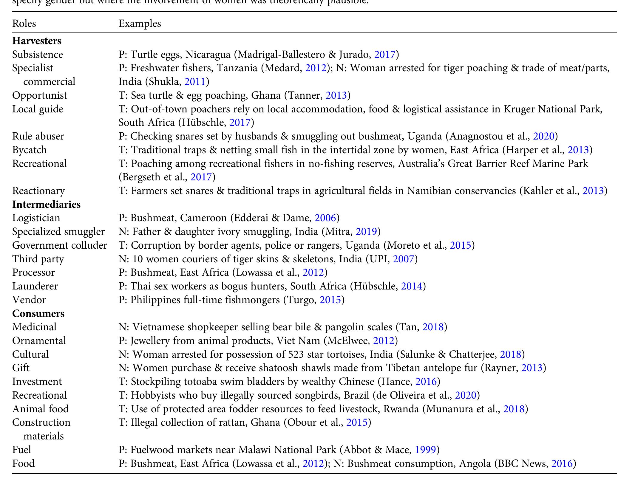 primarily viewed as a masculine endeavour (Edderai & Dame, 2006; Lowassa et al., 2012; McElwee, 2012; Sollund, 2020), and cultural taboos can prohibit women from partici- pating in these activities.  An explorauion OF the peer-reviewed and non-peer- eviewed literature indicates there is more evidence for women serving as intermediaries, such as processors or vendors, or consumers, than as harvesters (Table 1). We as- signed theoretical roles to give examples of peer-reviewed or non-peer-reviewed literature that does not specify the sender of the offender, but where the plausible involvement of women is posited. For example, Harper et al. (2013) de- scribed the paucity of research and consideration of wo- nen in the fisheries sector, but did not discuss women within the context of illegal fisheries. Theoretical roles are ised to represent five of the eight harvester types, one of seven intermediary categories, and four of the 10 consumer categories (Table 1), indicating areas of potential future re- search on women’s involvement in wildlife crime. However, here are also gaps in knowledge regarding the involvement of men. For example, there is little literature on the preva- ence and behaviour of opportunist, local guides and by- -atch harvesters regardless of gender. 