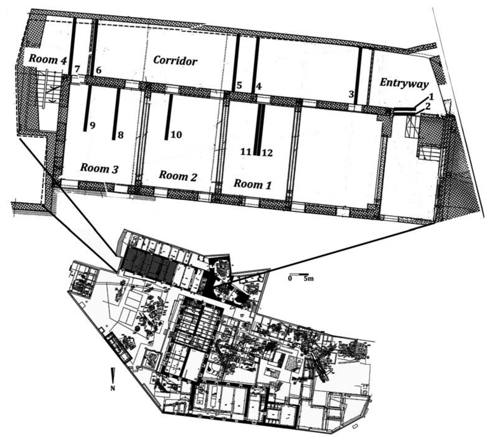 Fig. 10.1. Plan of the second floor of the southwest building in the Qishle complex showing the location from which each timber section was sampled.  Timbers from the Qishle in Jaffa were therefore sampled for dendrochronological analysis not only for dating purposes, but also to use the extensive network of tree-ring chronologies now available for Europe and the northeastern Mediterranean to provenance the timbers and gain greater information on forest exploi- tation and Jaffa’s place in the Late Ottoman timber trade networks. 