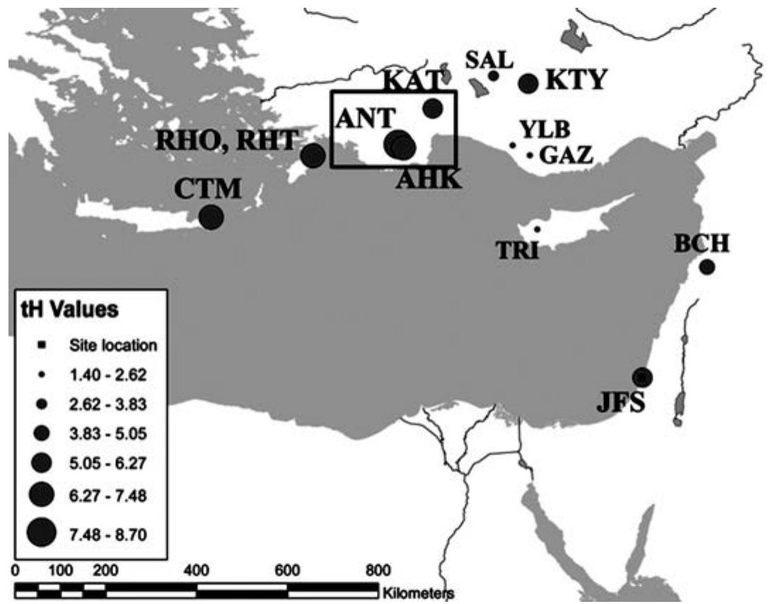 Fig. 10.5. Map showing distribution of t;-values for cedar forest and historical chronologies in the eastern Mediterranean compared with the Jaffa Qishle chronology. The site codes labeling each reference chronology correspond to those given in Table 10.2. Increasing circle size corresponds to ¢-value magnitude. The forest sites (ANT, AHK, KAT) showing the strongest correlation with the Jaffa Qishle timbers are clustered around the western area of the Antalya and Burdur provinces in Turkey (outlined with a rectangle). 