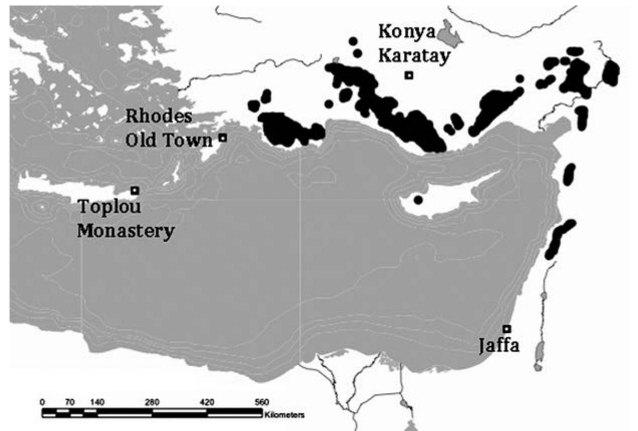 Fig. 10.6. Present-day distribution of Cedrus libani in Turkey, Lebanon, and Syria (Hajar et al. 2010: 623; Boydak 2003: 233; Quézel and Médail 2003: Fig. 5.47) and Cedrus libani subsp. brevifolia in Cyprus (Ciesla 2004: 108) (shaded in gray) with the locations of the Qishle and historical sites whose cedar chronologies had significant correlation with it.  Dendrochronological Dating and Provenancing of the Late Ottoman Buildings 