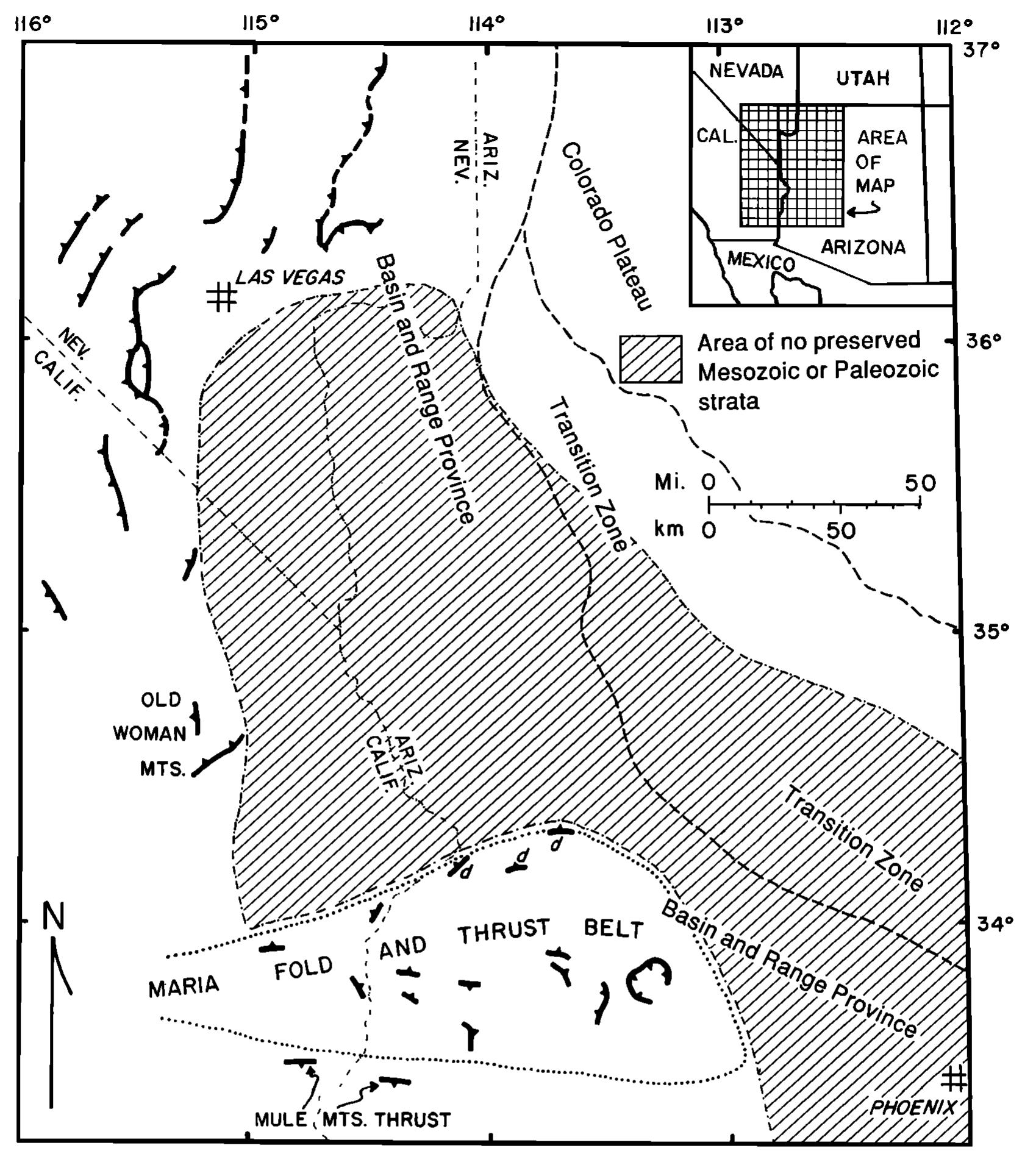 Schematic map showing locations of major thrust faults in