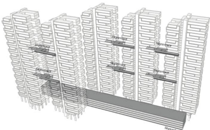 Figure 3: Building B axonometric showing skyterraces  Figure 2: Building A showing section, floor plan with skyterraces and tower axonometric with inner void 