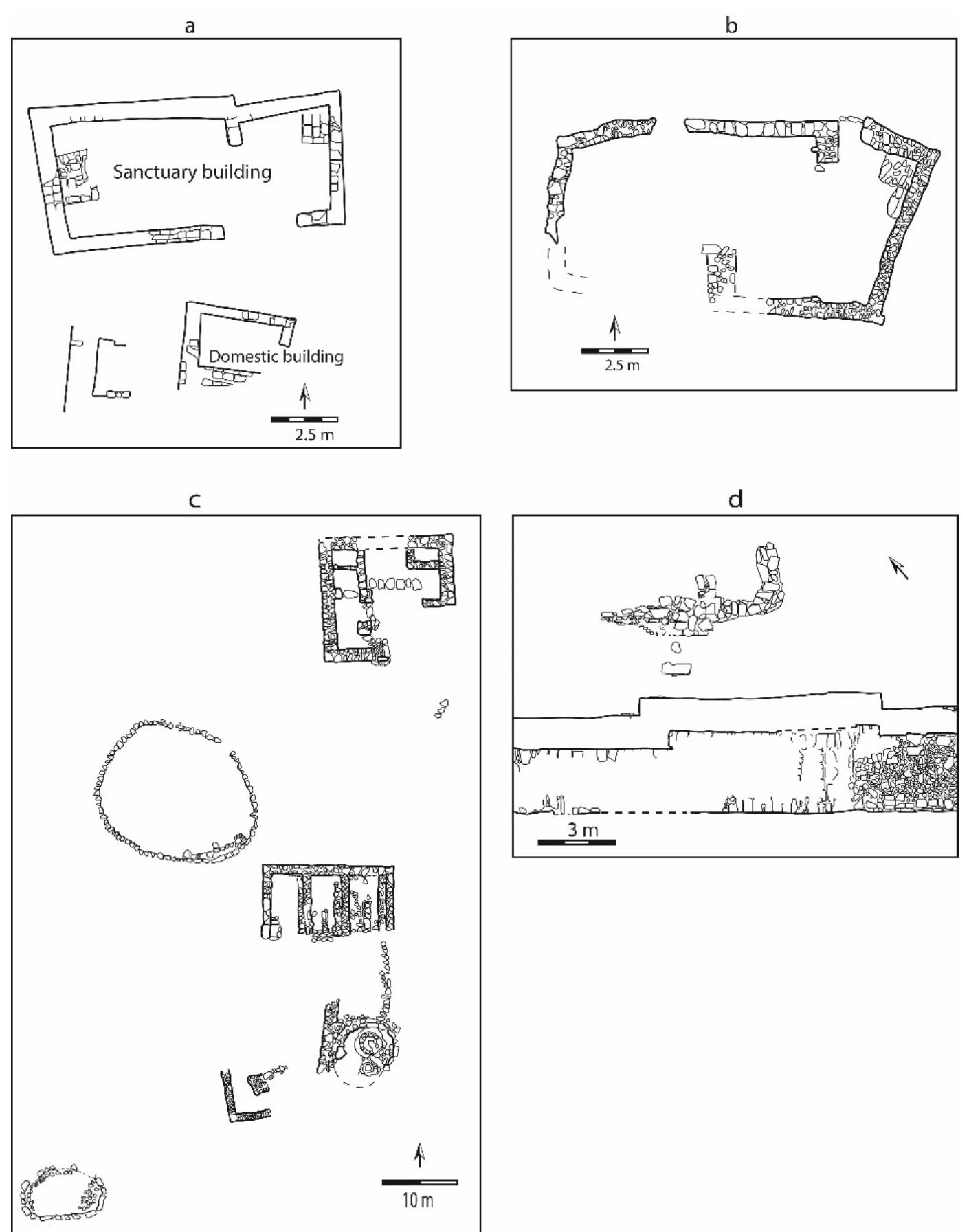 of entrance to the structure, two bovine skulls placed on the floor opposite the entrance, numerous zoomorphic and horse-and-rider figurines, a ceramic offering stand and the head of a third ceramic statue, all within the structure. It is important to note that all of the female figurines from the site, including those ascribed to Stratum VII in initial publications Petit and Kafafi 2016, Figs. 16-17) have now been reassigned to the earlier and only partially exposed Stratum VIII. These finds and the small size of the site led the excavators to interpret the building as an isolated sanctuary (Petit and Kafafi 2016). However, recent excavations directly north of the ‘sanctuary’ have revealed that this building was, in fact, much larger than previously thought. Several adjoining rooms to its north yielded evidence for large-scale storage of foodstuffs and possibly redistribution (Petit and Kafafi  Forthcoming). Hence, it is now clear that religious activity was one of several recognisable activities carried out in this building, possibly linked by a common institutional setting Halbertsma Forthcoming).   Figure 2. (a): Tell Damiyah Phase VII (after Petit and Kafafi 2016, Fig. 5); (b): WT-13 Stratum ITB (after Daviau 2017, Fig. 3.26); (c): Horvat Qitmit (after Beit-Arieh 1995, Fig. 1.6); (d): ‘Ein Haseva favissa (after Ben-Arieh 2011, Plan 1). 