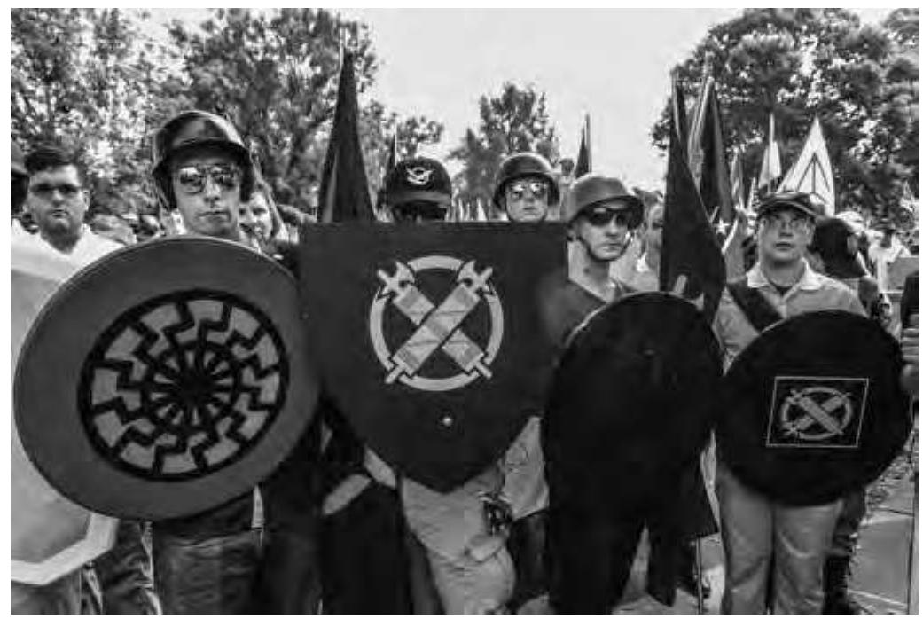 Figure 1. Line-up of neo-Nazis with shields, including James Fields, from Charlottesville, Virginia, Unite the Right rally, 2017. Photo: Stephanie Keith. 