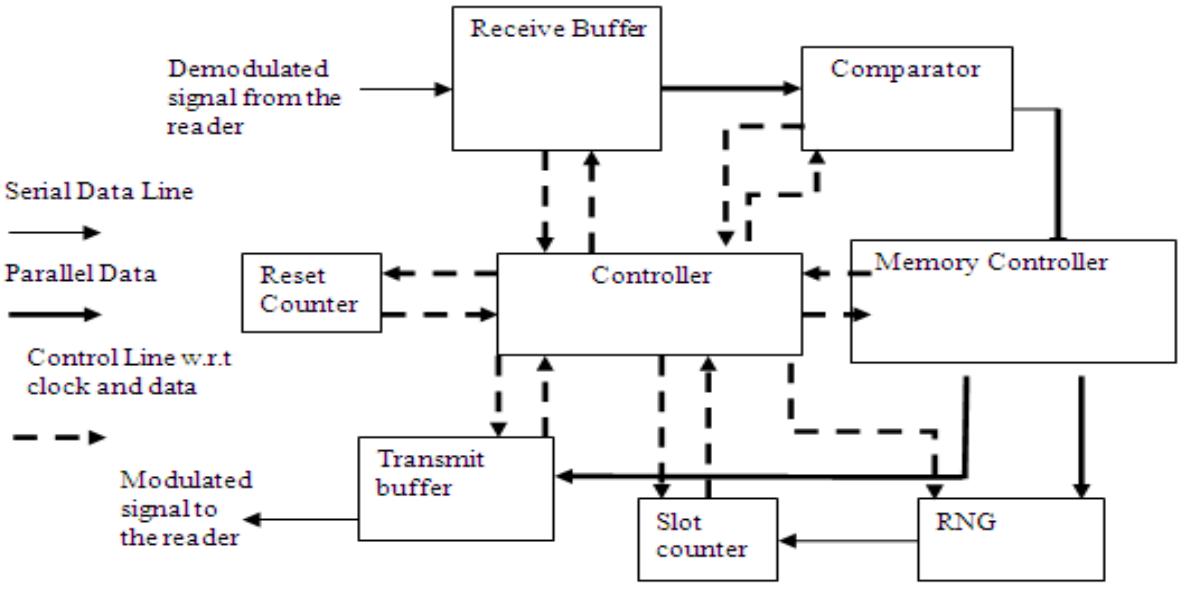 Figure 3.5: Modified Block Diagram of a Baseband Processor  In the reference architecture design shown in figure, the controller block controls only the data flow for each sub module whereas in the modified architecture the controller not only controls the data flow but also controls the clock for each of the sub module there by reducing the power significantly. The block diagram of the modified architecture is given in the below. The clock frequencies are also divided. The transmitter works at 12.5 MHz. The receiver works at 100 KHz and other blocks such as comparator, controller, CRC, and memory works at 200 KHz. The modified block diagram, of the baseband processor is shown in figure 3.5.  3.4 Hardware Modelling  The hardware model of the baseband processor consists of a clock divider, receive buffer, comparator, Memory Controller, CRC, Controller, transmit buffer, Slot Counter, Random number Generator and halt counter. The Receive Buffer is used to receive the serial data (ID, CRC, Pass and Control) and check parity for every 8 data bits. It works with clock frequency of 100 KHz. The architecture of the receive buffer consists of an 8-bit receive register, an 88-bit hold register and a receive counter. The architecture of the receive buffer is given in figure 4.8. The 8-bit receive register is an 8-bit shift register, it right shifts 1 bit at the rising edge of clock in one shift action. The 88-bit hold register is an 88-bit shift register; it right shifts 8 bits at the rising edge of the clock in one shift action. The receive register performs shift actions when receiving the data from input data pin, when all 8 bits data have  shifted into the receive register, the data are loaded into the hold register and the hold register  ee ee, LT by een . .) eo | es | 
