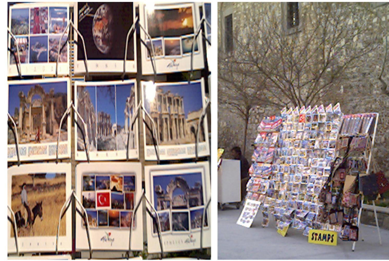 Postcard Questionnaires Picture 1. postcard stands and a selection of postcards. a