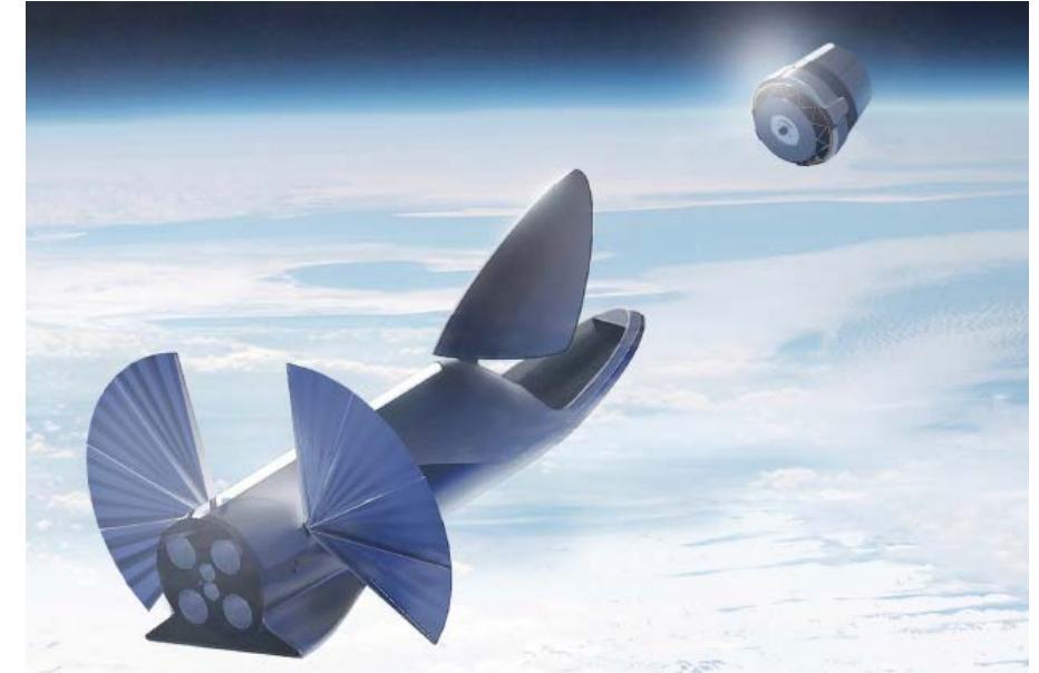 Figure 3: Artists impression of satellite payload release from BFS’ open payload bay in LEO [3] 