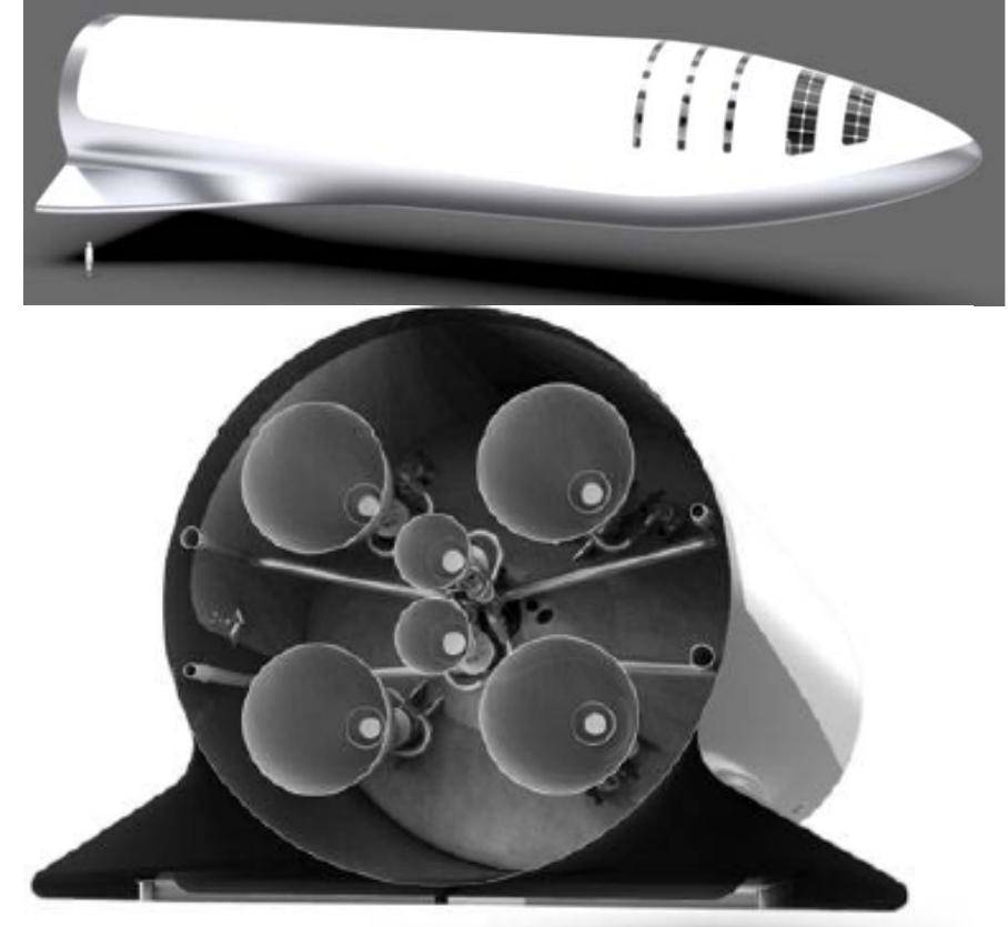 Figure 9 shows the BFS geometry with an ogival nose section, cylindrical fuselage and a relatively small delta wing inclined that the lower side builds a flat surface with the fuselage. The chord thickness at the root is high and the airfoil is wedge-like without sharp trailing edge. This feature indicates that the wing is not intended to be used in low-speed and subsonic flight.  Figure 9: Drawings of BFR passenger stage or BFS in side and aft view [1, 3] 