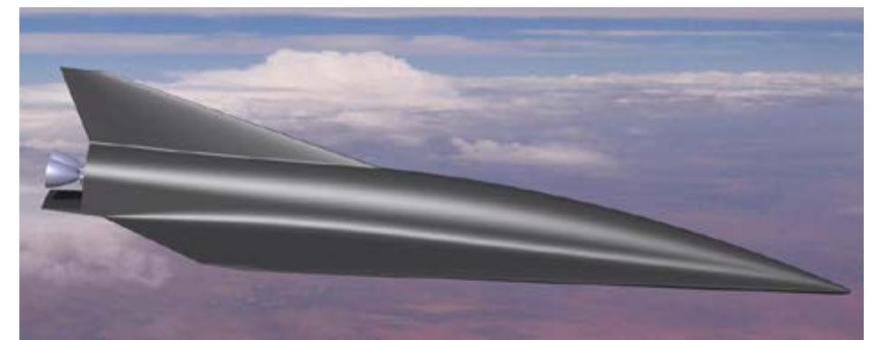 Figure 16: SpaceLiner 7-3 passenger stage  The SpaceLiner7 aerodynamic shape is a result of a trade-off between the optima of three reference trajectory points and showed considerable improvements in glide ratio and heat loads compared with previous designs and pointed out the clear advantages of a single delta wing [14]. Major geometry data of the SpaceLiner 7-3 passenger and orbiter stage are summarized in Table 4. The SpaceLiner passenger stage’s shape is shown in Figure 16. 