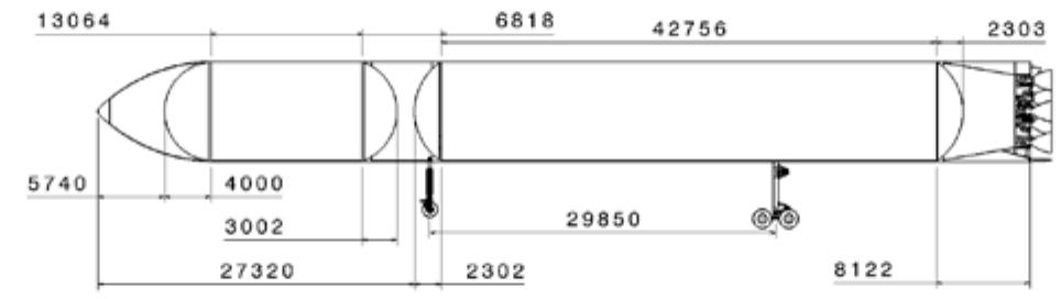 Figure 15; Sketch of SpaceLiner 7 booster stage  intertank and the thrust frame. Further, the size of the body flap and the geometry of the large wing were optimized. Major geometrical data of this configuration 7-3 are listed in Table 3. 
