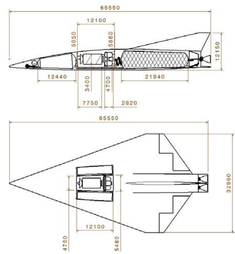cabin related masses. Instead a mass provision for the payload bay and its mechanisms including doors, the mounting structure, and also a radiator system for on- orbit heat-control is added. The resulting orbiter dry mass is about 102 Mg and the budget is listed in Table 14.  Figure 17: Sketch of SpaceLiner 7 as orbital space transportation with internal cargo bay for satellites 