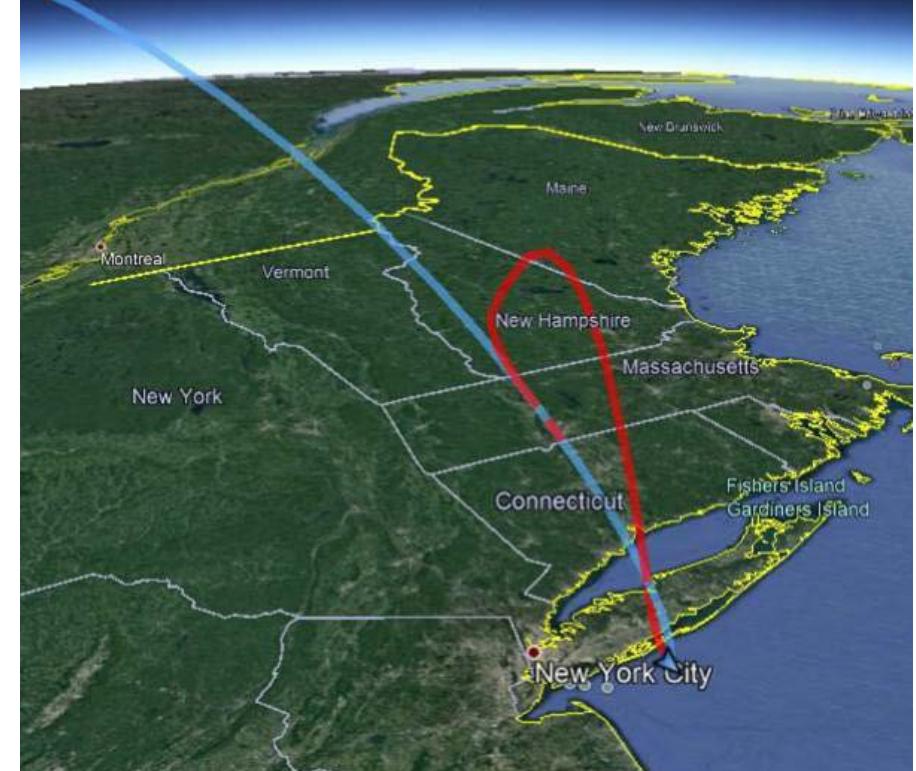 Figure 22: Simulated New York — Shanghai mission ascent (blue) and RTLS maneuver of BFR booster (red)  Any exact position of a potential launch pad close to NYC is unknown, however, a certain safety distance has to be kept to ensure no third party harm in case of a failure or explosion on the launch pad. Hence, the launch and landing positions in NYC and Shanghai were assumed to be several kilometers from the shore. Moreover, the launch azimuth is selected such that the BFR flies over densely populated regions of the New York City metropolitan area (see Figure 22) which also seems to be supported by the video [2].  