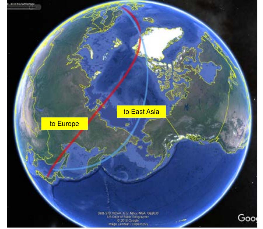 Figure 27: Potential groundtracks of SpaceLiner 7-3 nominal passenger missions Europe to East-Asia  Considering the large market potential an ultrafast mission from East Asia to Europe is highly interesting. Assuming the same European launch and landing site it is not easy to find a counterpart in the far eastern region. Places in the Eastern China or Korean coastal areas had to be discarded because not finding trajectories for which ascent noise is not interfering with densely populated areas. A potentially feasible option for the site could be in the Japanese Sea from which also the Trans- Pacific route to America could be served (Figure 27).  