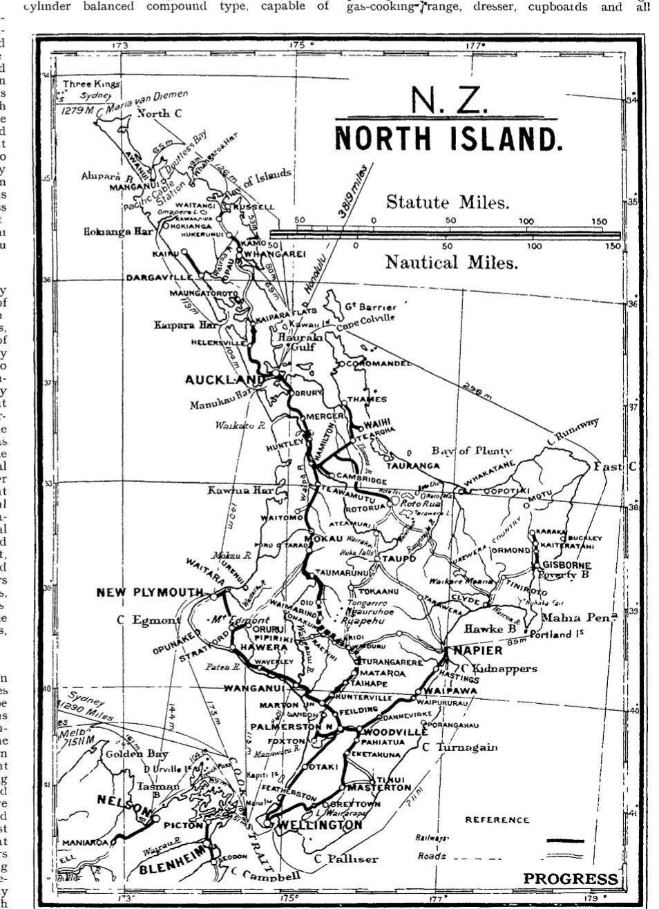 MAP OF THE NORTH ISI AND, SHOWING THE RAILWAY SYSTEM. THE UNCOMPLETED PORTION OF THE M/ TRUNK RAILWAY 1S SHOWN BY A DOTTED LINE.  Figure 4. “Map of the North Island, Showing the Railway System. The Uncompleted Portion of the Main Trunk Railway is Shown by a Dotted Line,” Progress vol. 2, no. 1 (November 15*, 1906). National Library of New Zealand. 