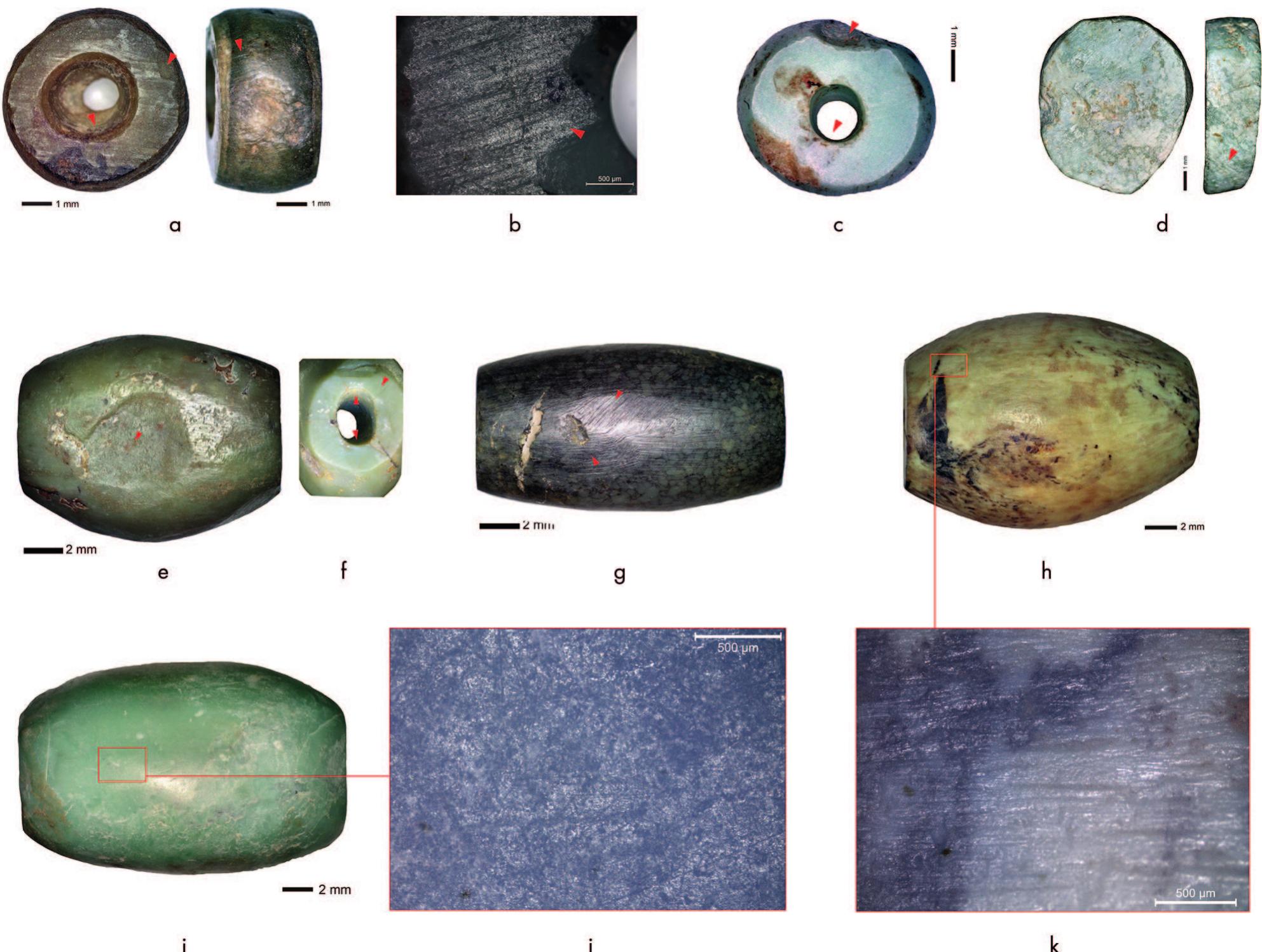 Fig. 6. Traces of manufacture and use. a. Short bead with rounded rim and concentric striations on the walls (red arrow). Removals on the intersection (photo to the left, red arrow) and the lateral surface (right). Axial striations on the lateral surface (red arrow); b. Parallel sub- straight and marked striations. Fine circular striation of drilling cutting the abrasion striations (red arrow); c. Sub-cylindrical perforation, narrow regular outer rim (red arrow) and removals on the intersection; d. Preform of a short bead with unidirectional striations on the face and the lateral surface (oblique, red arrow); e. Barrel bead with removal on the lateral surface (red arrow) and a facet with striations; f. Rectified path of drilling (red opposite arrows inside perforation), and oblique striations on the face; g. Barrel beads with fine multidirectional striations; h. Regular unidirectional striations (k. detail); i. Erased technical stigmata; j. Detail of the barrel bead (i) with fine random striations (use-wear 2). Photos: H. Alarashi.  characterized by a regular lateral surface and homogenous roundness suggesting batch treatment by abrasion. This consists of stringing the beads together and rubbing them all at the same time and in the same direction. According to the stigmata identified, the movement is axial, meaning  t  (  t  hat the string was actioned  fig. 6a and 6c) would have  grinding of the beads. They tightly during the abrasion,  he lateral surfaces are slig  ongitudinally, while turning it  progressively and regularly in order to abrade the beads all around. The removals observed in the area of intersections  been produced through batch may have not been strung very which might also explain why  htly convex. Experiments are  needed to confirm this hypothesis.  As shown previously, the short beads from concentration 83-A have a standardized small size differing from the sizes of the short beads pertaining to concentration 83-B or to mine 85. The short beads from concentration 83-A are also 