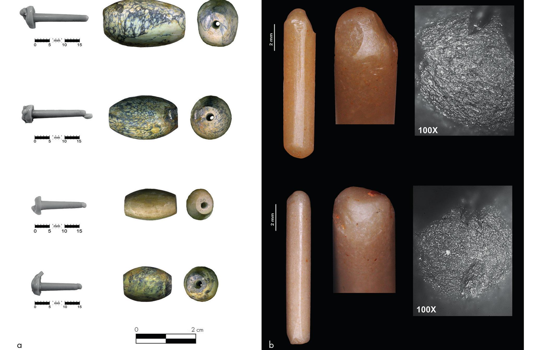 Fig. 7a. Selection of silicone imprints of one drilling side of barrel beads from mine 83 (photos: H. Alarashi); b. Examples of drilling tips from Gava with microwear diagnostic of both drilling and pressure during the drilling (Borrett et al. 2019, fig. 12). 