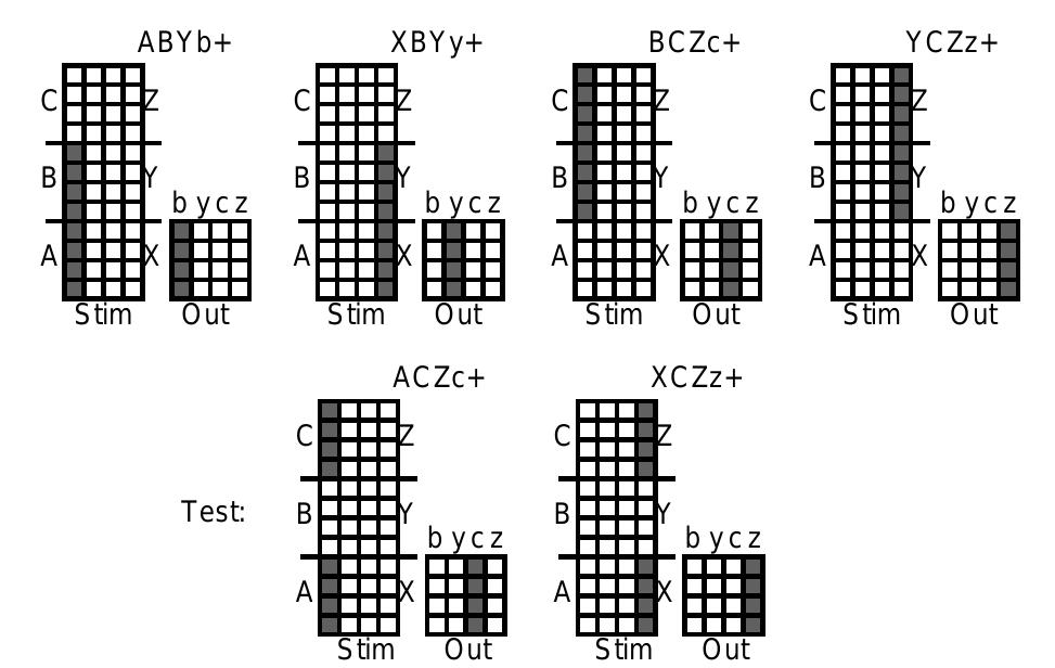 Input/output patterns for the a > x, b > y, c — z version of