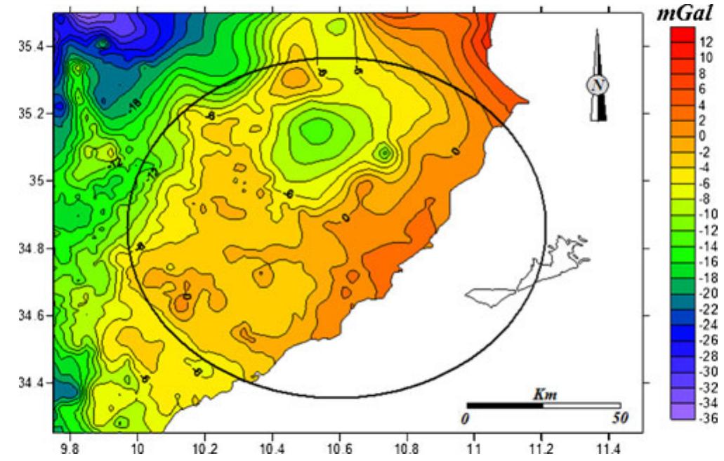 Bouguer gravity anomaly map of the study area. contour