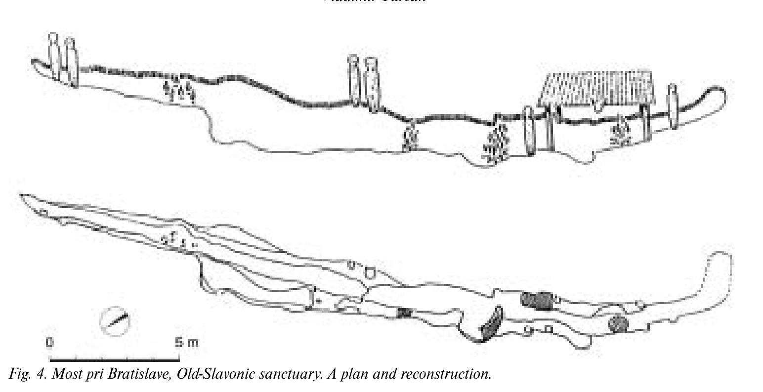 A magnate court. Object 39 was built up at a distance of 11 m from the Christian church around which burials were practised from the 9" to the beginning of the 10“ cent. (at the time of the sanctuary build-up it was probably in ruins already). The object consisted of one big central post hole of 85 cm diameter by 25 cm depth as well as 8 marginal, circle- like ordered post holes of 46-60 cm diameter by 825 cm depth and one arched groove 22 cm wide, 7-11 cm deep, lining the object in the north. Dating: the beginning of the 10" cent.  (Fig.5). Another object of an analogical ground-plan, not published in detail so far, was sit- uated in the south part of the hill fort. 