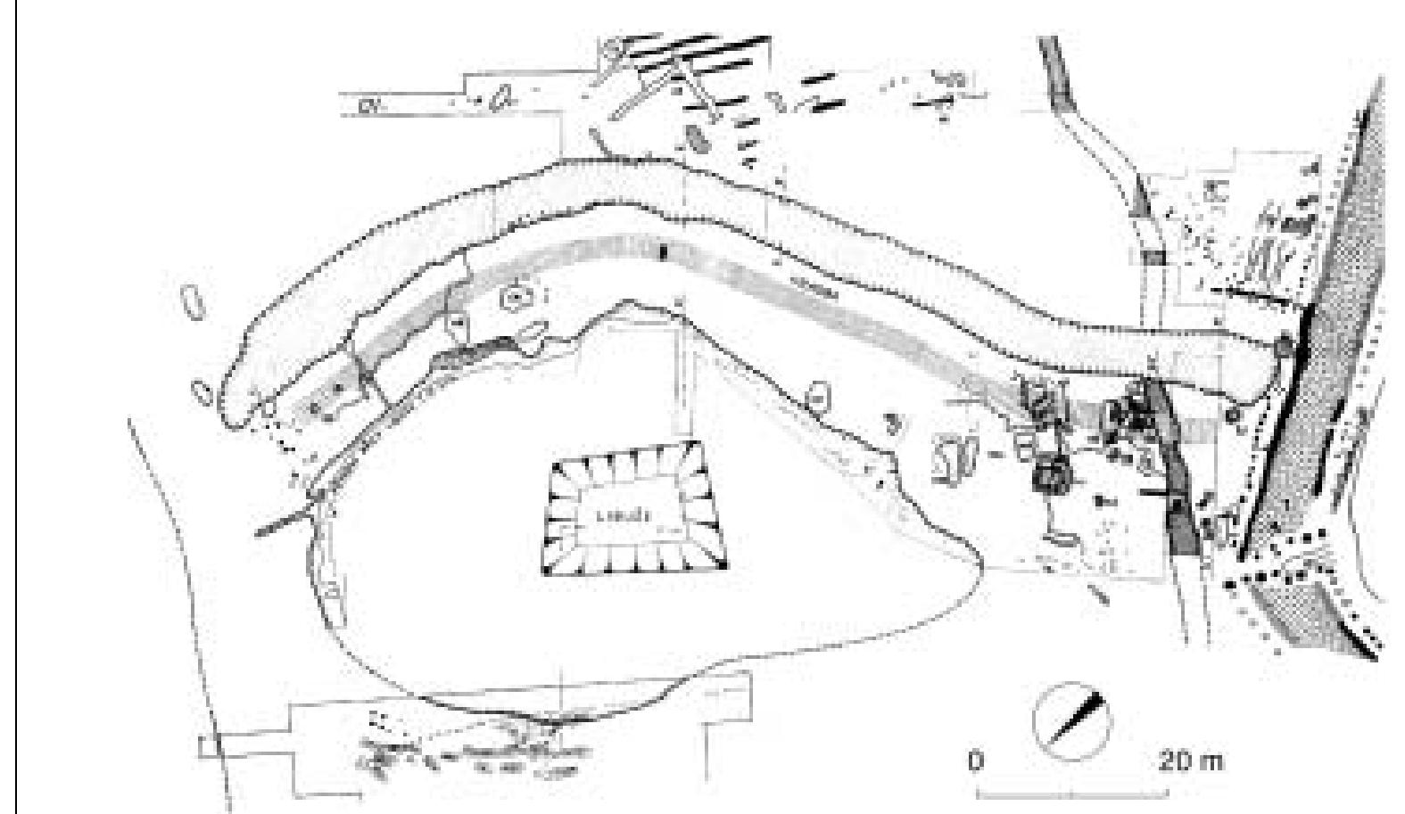 Fig. 6. Stara Koutim, Old-Slavonic sanctuary. After Solle 1966.  Lit.: Solle 1966, 136-146.  At a distance of 5-6 m from the north-west lake bank there was an arched ditch 2 m deep and 4 m wide, on average. Within the ditch and the space between the lakelet and the ditch as well, some pits were found with fire traces and daubing. One part of these pits was protected by light wooden constructions. The area is closed in the south by a wall, of which a foundation groove and front post line were well-preserved. Likewise the northern part was  closed by means of posts. The cultic complex is dated to the terminal 8" and commencing 9" cent. (Fig.6). 