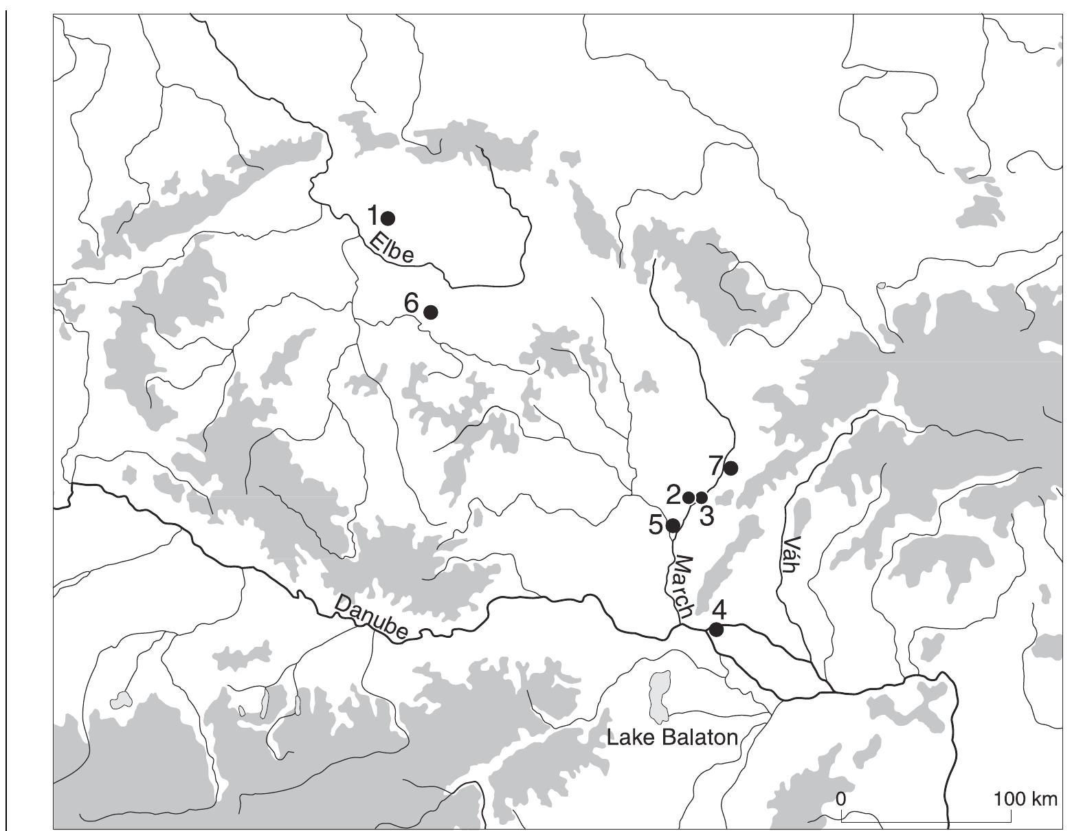 Fig. 8. A map of Old-Slavonic sanctuaries in Czechia and Slovakia: 1. Hradsko in Kokofin, 2-3. Mikulcice I and I. 4. Most pri Bratislave, 5. Pohansko u Breclavi, 6. Stara Kourim, 7. Uherské Hradisté. 