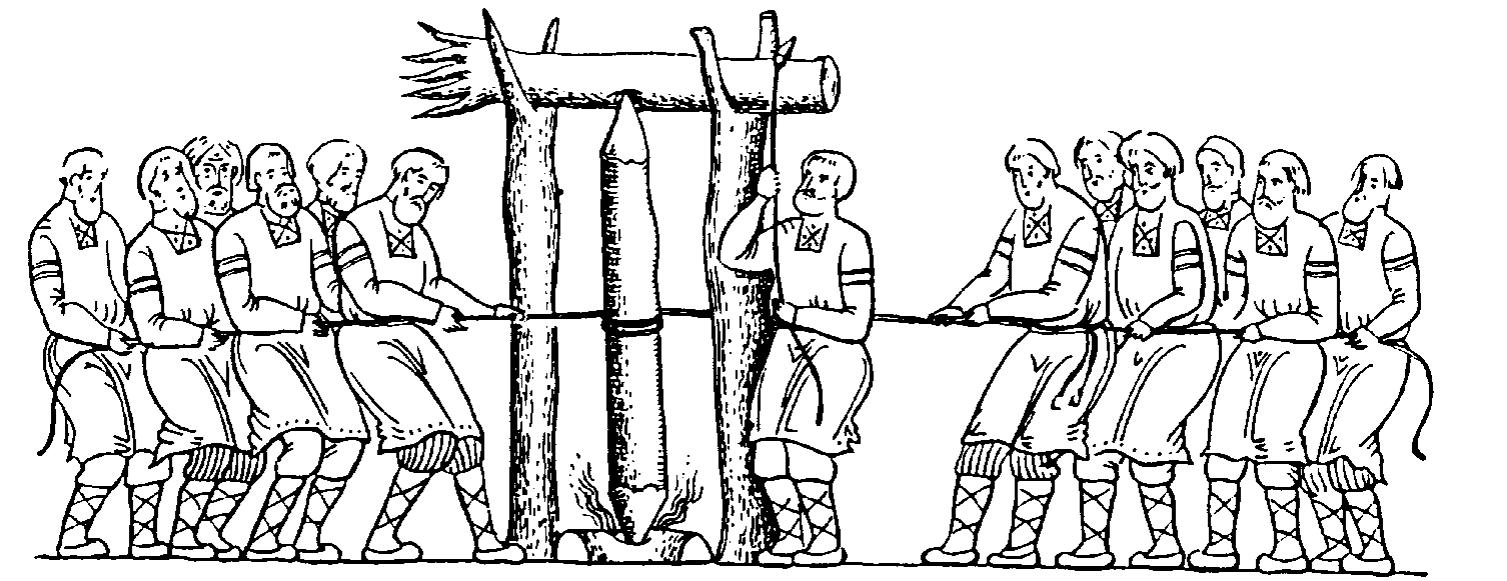 While the interpretation of the solitary post holes does not cause any major prob-  lems, it is more complicated to find any cultic  meaning of the couple holes observed in  Most pri Bratislave. As the most likely analogy we can adduce the geminate oak-wood idols  with separate heads and beards (Fig.9) found  in the settlement Fischerinsel bei Neu-  brandenburg (Gringmuth-Dallmer-Hollnagel 1971, 122). Unlike Fischerinsel where the  sculptures were of a common body, the ones in tifacts. To complete the view, we also must refer  Most pri Bratislave could be separated ar- o some other, though unlikely, possibilities  of the interpretation published. For example, the Arabian traveller Ibn Rusta had noted down the information of a Slavonic custom according to which if a new widow was sup-  posed to have been the most beloved woman of  her dead husband, she took two trunks set-  ting them into the ground, put the third lintel timber thereon and then hanged herself (Pauliny 1999, 99). A.N.Liavdansky had published a construction consisting of two robust posts set into the ground and one lintel timber fixed above, into which the other bilaterally pointed post was vertically thrust (Fig.10). By turning it round, the ’sacred fire” was ob- tained (A.N.Liavdansky’s work has not been made available to me; citation after: Rybakov  1981, 33).  Fig. 10. “The sacred fire”. After Rybakov 1981. 