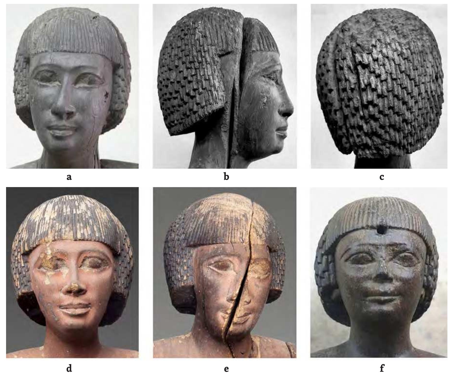 Fig.6 (a) Frontal view (photo S. El Abd El Mohsen and A. Medhat); (b) side view and (c) back view of the head of JE 100373, the latter two in raking light (photos A. Medhat); (d) MMA 27.9.5, (e) MMA 27.9.4 (photos The Metropolitan Museum of Art, New York); (f) Marseille 217 (photo P. Seyr) 