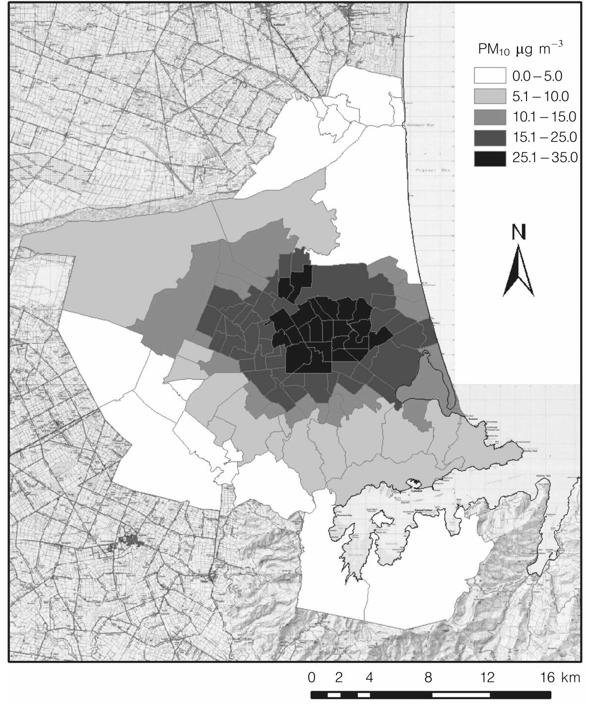 Map of annual exposure to particulate matter less than 10 um