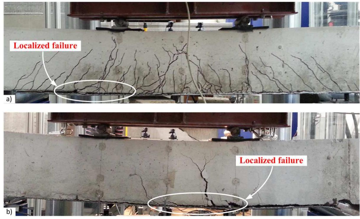 Bond failure localized near flexural cracks: (a) beam