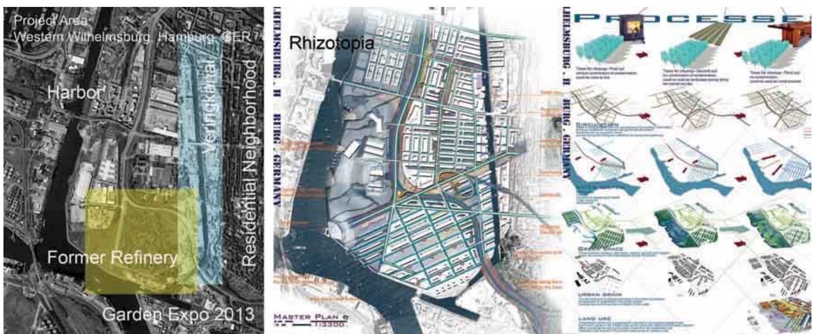 Figure 1. Project Areas - The remediation network provides the framework for a multi layered green infrastructure as design system. (Samimi, Wang, 2007)  The proposal for a “Remediation infrastructure as a green infrastructure framework” transforms the contaminated waste landscape into a healthy urban landscape that is well integrated with the city. The reed and grass planted remediation ditches and multi-lane alleys of fast-growing, deep rooting hybrid poplars and willows become part of the street and pedestrian circulation network that structures the urban form for the future and connects to the existing neighborhood (Figure 1). After the area is cleaned up, the water remediation network can be transformed into a surface stormwater treatment system and the multi-lane alleys can become street boulevards.  neighborhood (Figure 1). After the area is cleaned up, the water remediation 