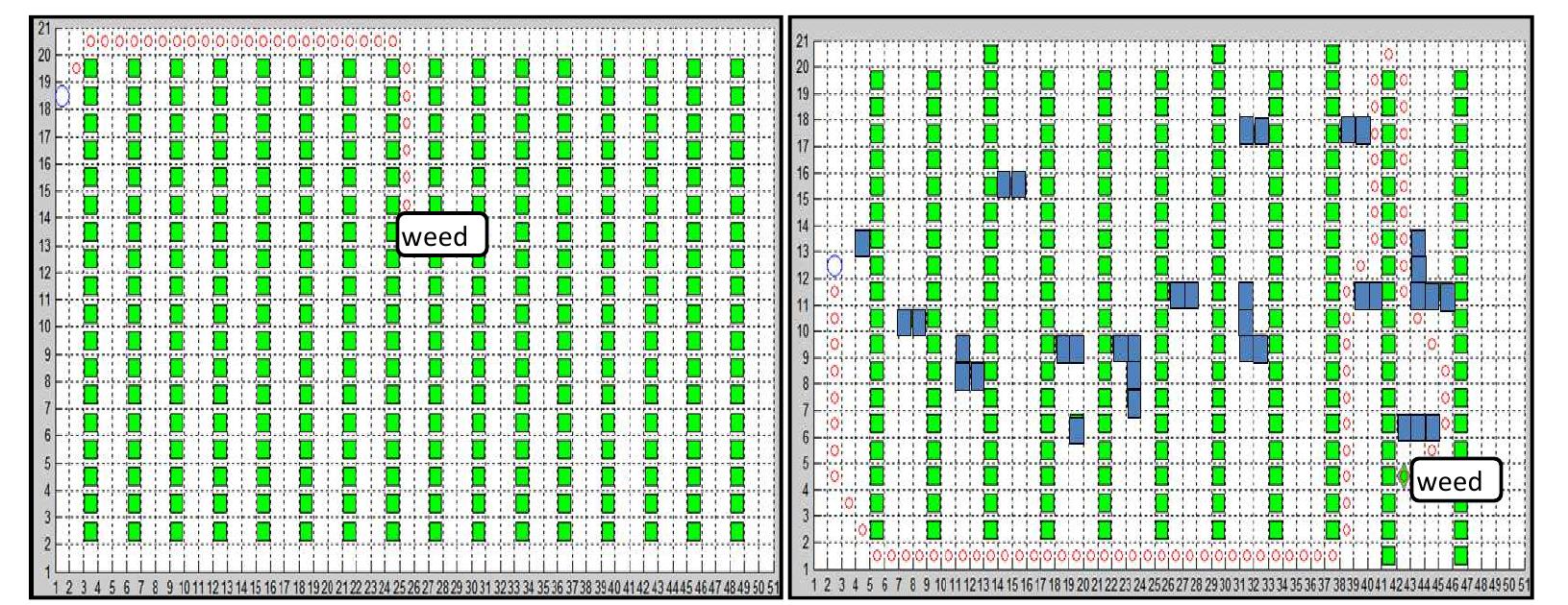 a) Path length: 30 m. b) Path length: 84.4 m.  Fig. 2. a) Scenario 1, path between simulated vines rows (50x20m). b) Scenario 2, path between simulated obstacles. 