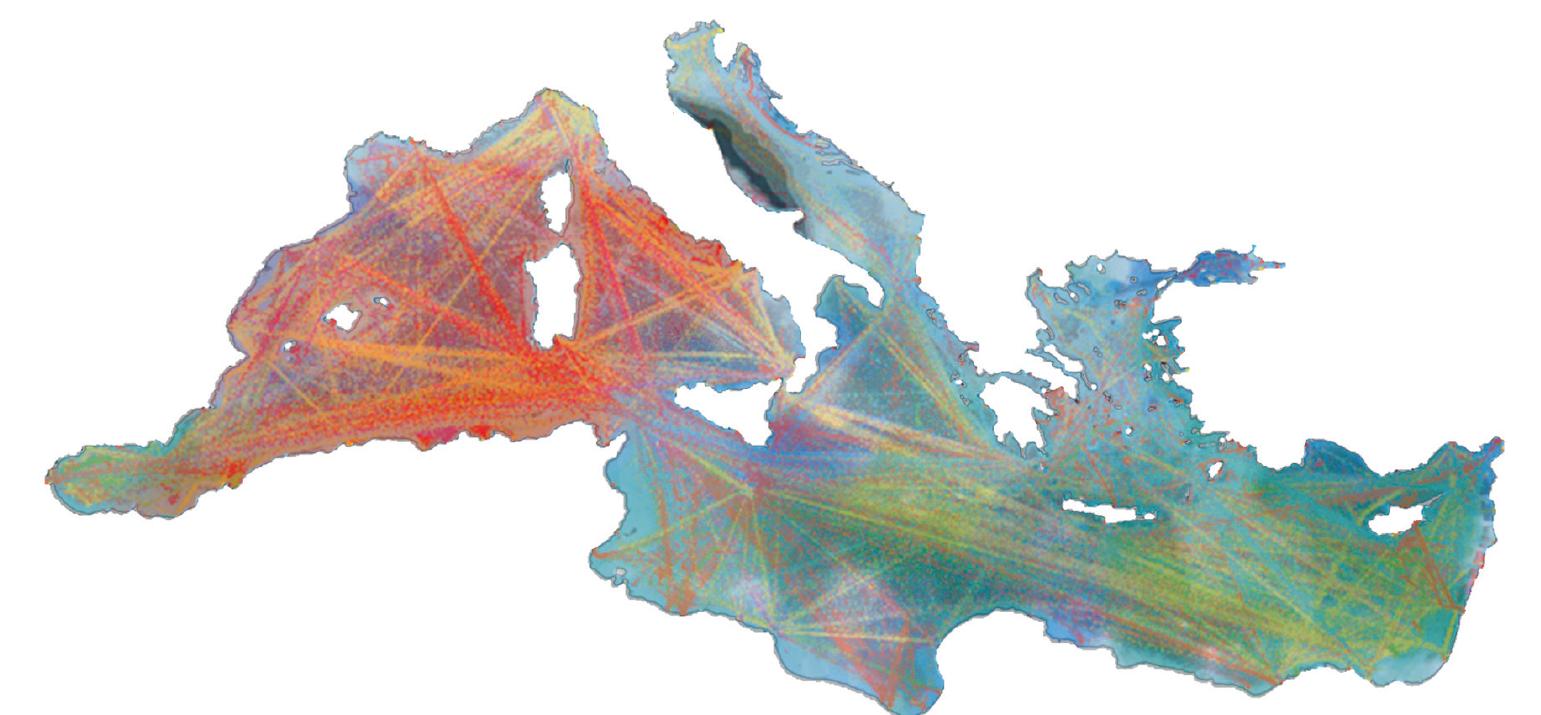 Figure 2 Continuous Connectivity (Map overlay of ©Matthew Harpster’s Ancient Shipwrecks and ©Kilin’s Shipmap of Contemporary Maritime Transport)  Holdermann, Lange, Schauble, Zillinger: Rethinking the Mediterranean 