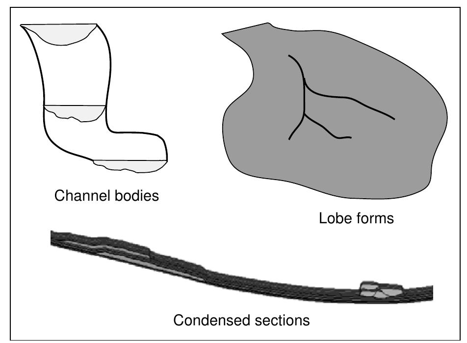 Schematic illustration of deepwater reservoir elements that