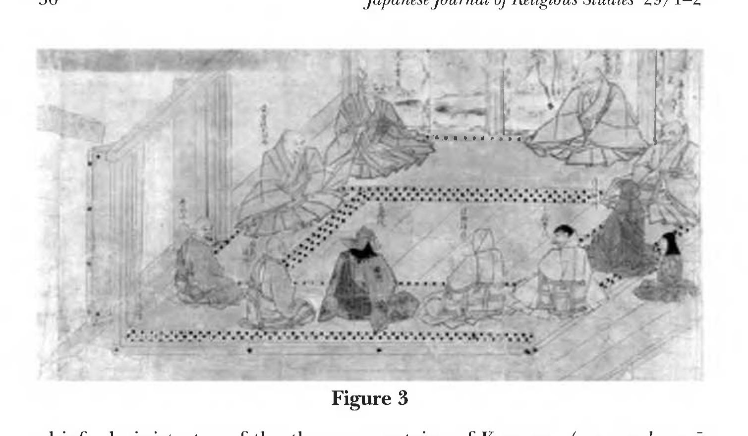 Next to the meeting hall is a scene of some tengu and low-ranking monks taking part in the construction of a temple. The painting ends with scenes of monks (the ftengu have turned into humans) studying the sutra, seated in meditation, and finally attaining buddhahood. The picture is followed by a long text that discusses the meaning of tengu and evil, and explains how all the tengu could achieve buddha-  hood. 