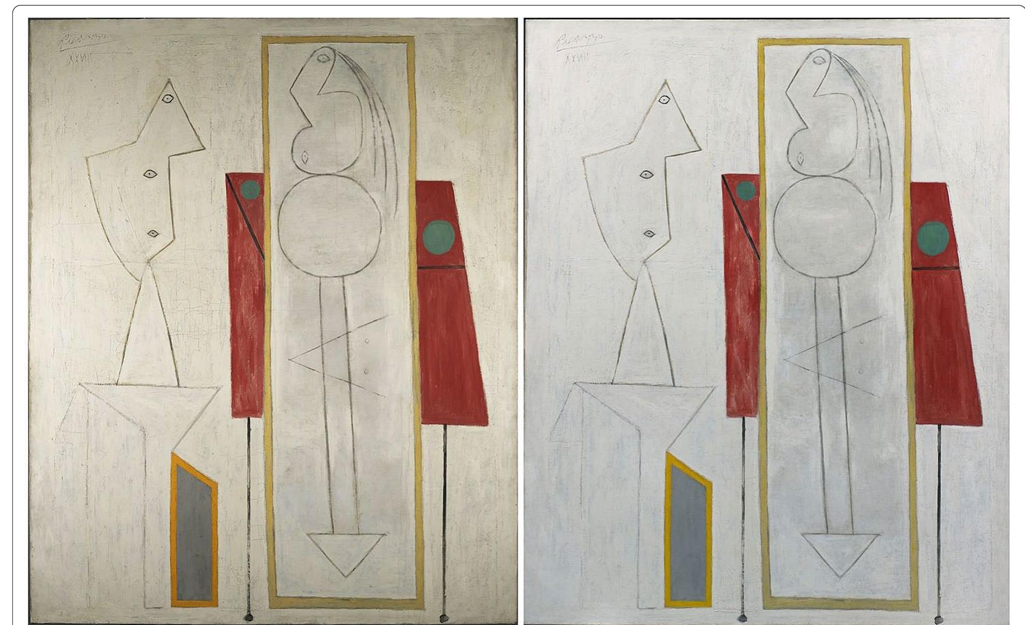 Fig. 1 Pablo Picasso, The Studio (“lAtelier’), 1928, Peggy Guggenheim Collection, Venice (The Solomon R. Guggenheim Foundation, New York), before (left) and after (right) the cleaning carried out with TC-PN hydrogels loaded with the o/w NSF. ©Succession Picasso, by SIAE 2020 