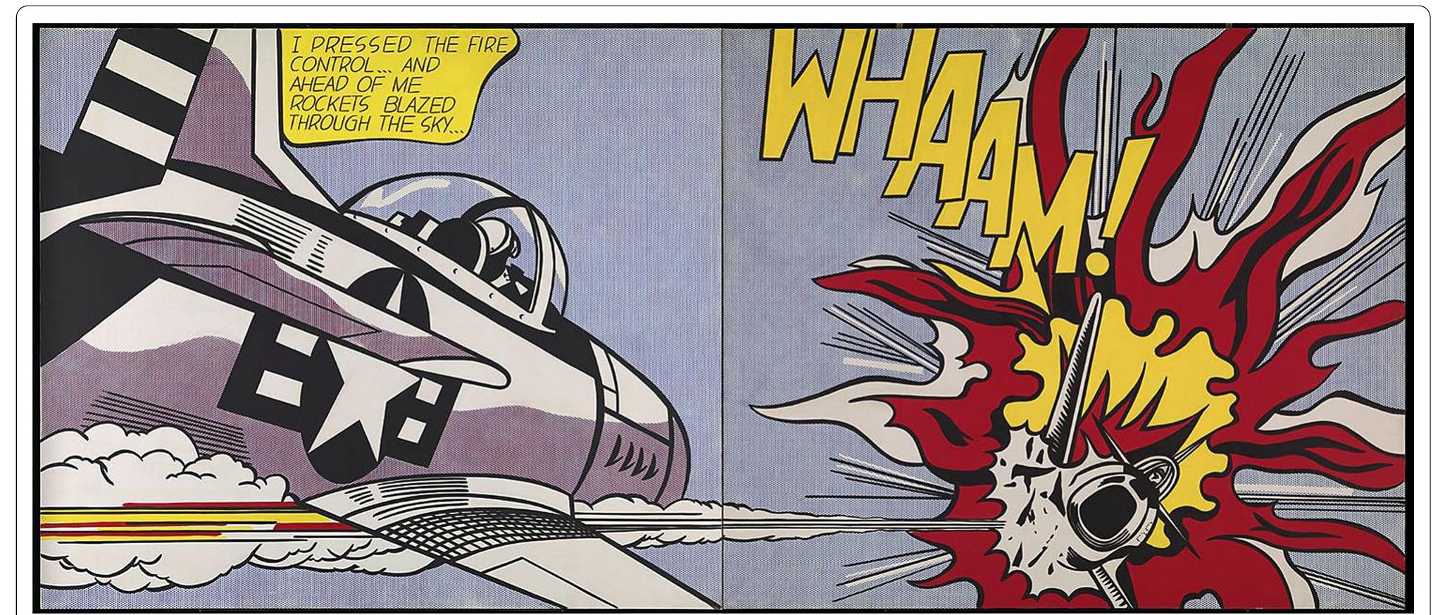 Fig. 2 Roy Lichtenstein’s Whaam! during cleaning. The difference between the left (cleaned) and right (yet to be cleaned) panels is evident. Photo ©Tate 2017; ©The estate of Roy Lichtenstein 