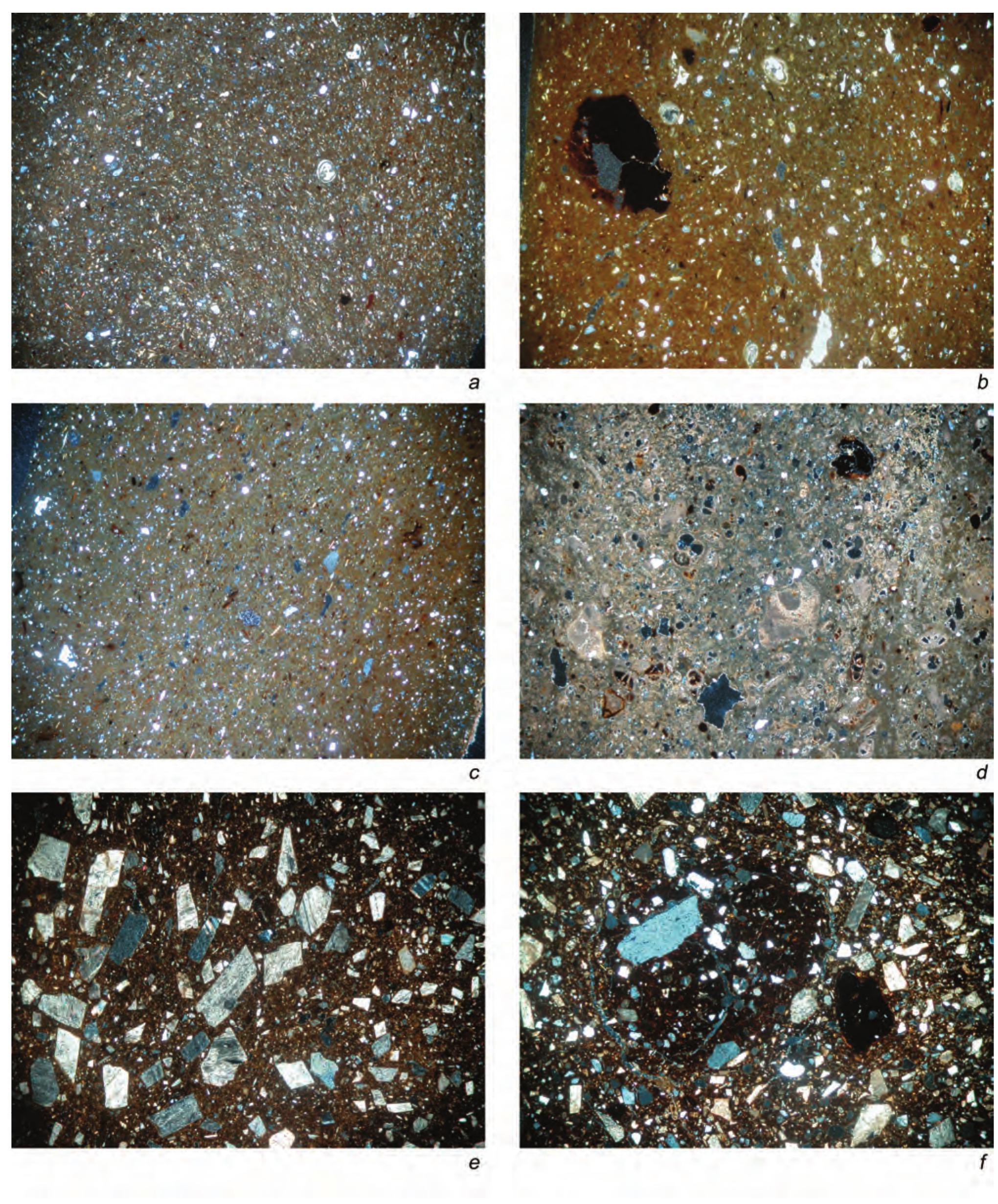 Thin section photographs of different pottery fabrics