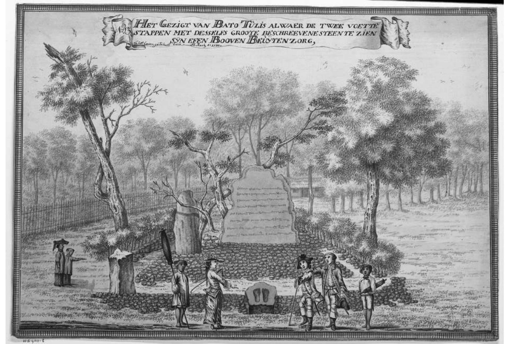 Fig. 7 — Johannes Rach’s painting of the Batutulis, 1770 (https://www.rijksmuseum.nl/en/collection/NG-400-D).  In another part of the same text, the meaning of dibalay denotes embellishment with jewels (dibalay ku pxaramata) in a garden (BM.1582), or with pearls (dibalay ku mutenhara) on a palanquin (BM.1713). In our context, some scholars have interpreted the word as meaning “to harden the earth.” But taking Bujangga Manik’s description and Rigg’s notes into account, it seems more likely that nabalay is related to covering such structures with stone. If we read gugununan: Abalay-, the meaning will be “an artificial hill with stone cladding.” See also fig. 7.  7. samida > The word samida means firewood (Skt. samidh), but we believe that the word is used here as equivalent for pasamidaan, a term designating the place where various acts of religious devotion were carried out, as in SC.1125: danan bale panayakan, sangar paiyilan, pahoman nurun jalan, kalavan pasamidaan, gasan nukus puja napu “with the 
