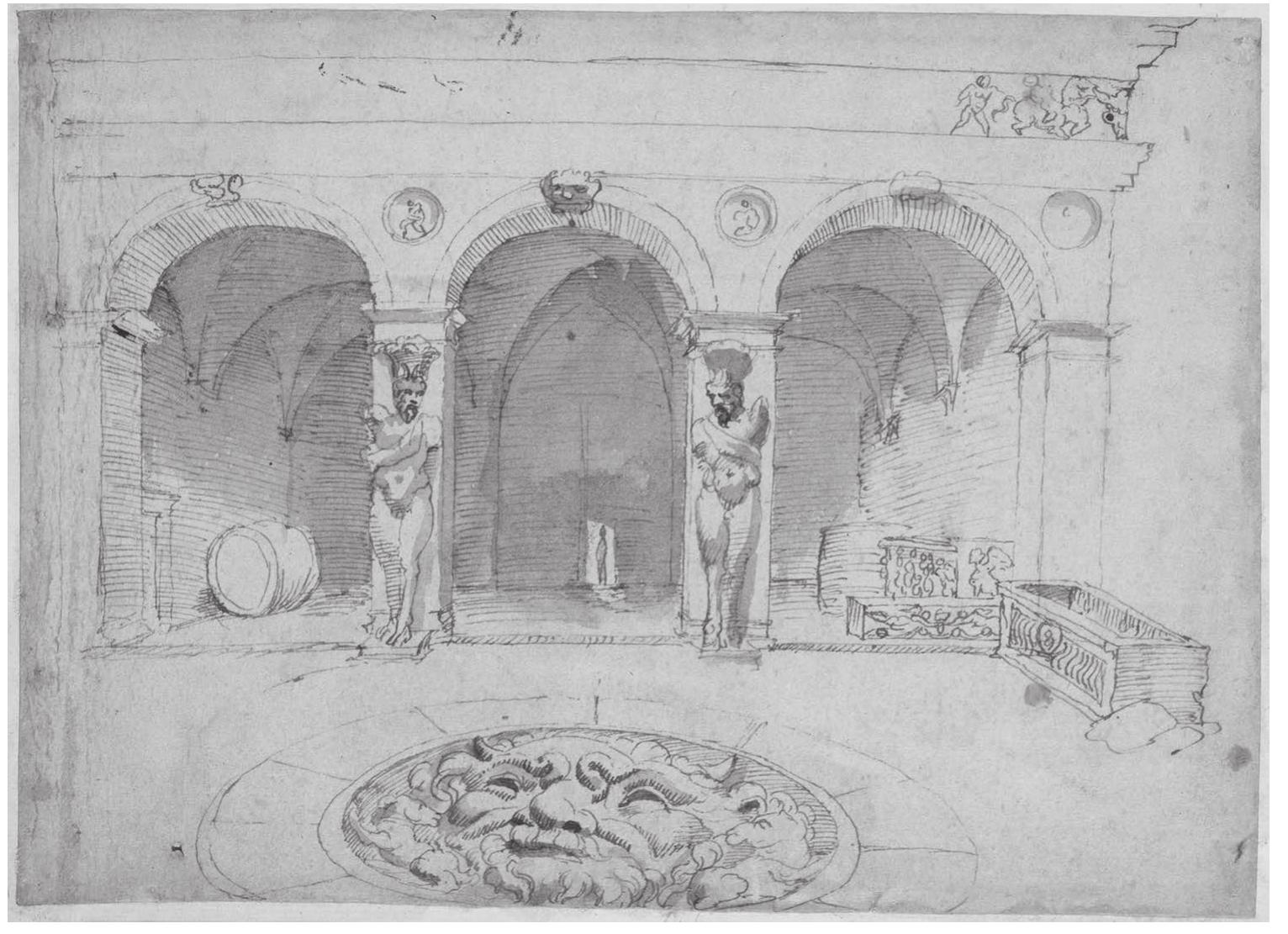 Figure 7.2 Maarten van Heemskerck, Courtyard of the Palazzo Della Valle di Cantone, c. 1532-1537, Kupferstichkabinett, Berlin, inv.no. 79.D.2, fol. 20r.  eS  The stretch of the Via Papalis where antiquities collections formed is roughly equiv- alent to the current via del Governo Vecchio and the broad, traffic-ridden Corso Vit- torio Emanuele II (Figure 7.1). Before the construction of the Corso Vittorio in the nineteenth century, the Via Papalis was a narrow passage winding through densely inhabited quarters. Traditionally, it hosted very few shops and only a handful of churches, and was dominated instead by the palazzi of the Roman nobility.!! On the west end was the Orsini’s fortified cluster of houses at Monte Giordano; then, at a wide opening of the processional street at Piazza di Parione, was the Palazzo Orsini rented by Cardinal Oliviero Carafa, where Carafa displayed his famous statue of Pasquino 