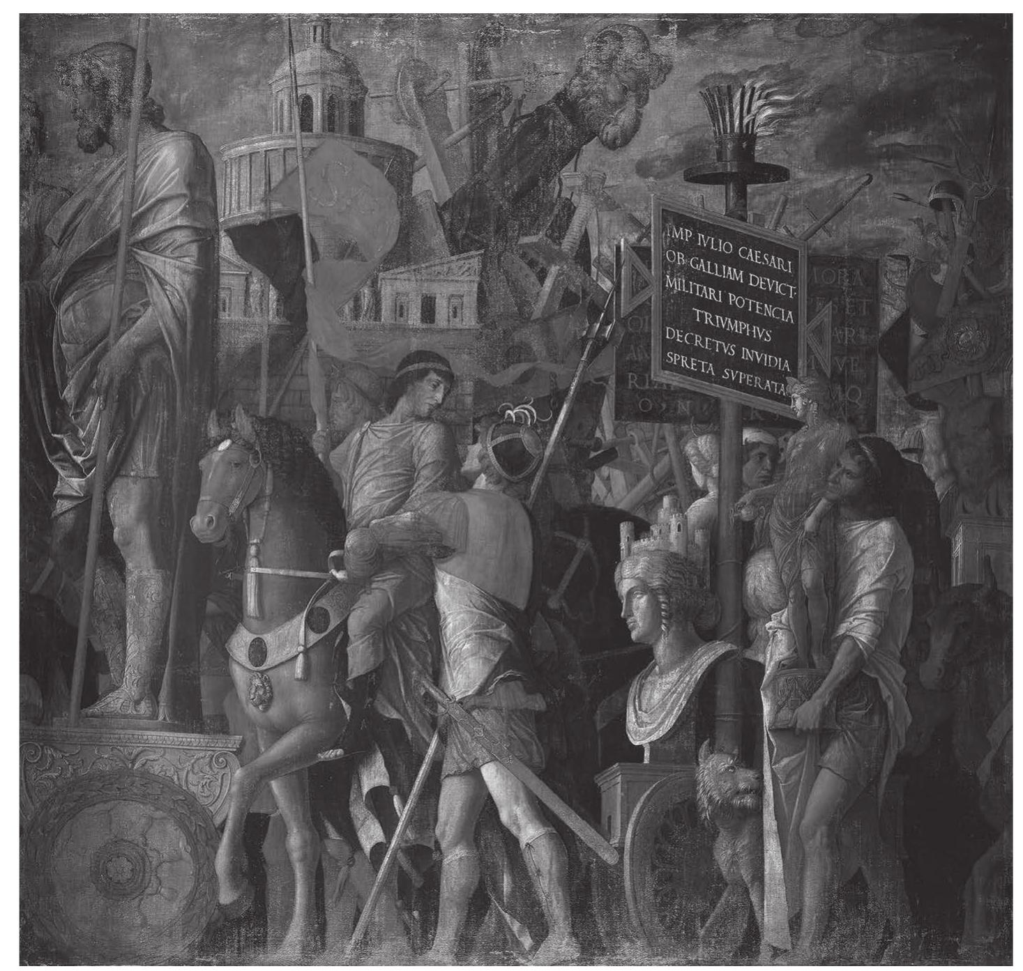 igure 7.5 Andrea Mantegna, ‘Carts of Spolia and Standard-Bearers’ from the Triumph Caesar cycle, 1484-1492, Hampton Court Palace, London.  a sense of pride in their own Romanitas while staking a claim on the city, its past and its antiquities. If the Via Papalis was the territory of the Romans, architecture, ephemeral decoration and the display of antique sculpture along the route could be understood as a reminder to the pope to recognise and honour Rome’s nobility.'3 One aspect of collecting was likely the desire to vaunt the possession of ancient spolia in a triumphal context; by the end of the Quattrocento, the exhibition of the sort of objects that had been processed as spoils in the ancient Roman triumph—statues sculpted by master artists and other works—once again became symbols of victory and power during the ceremony of the possesso. Andrea Mantegna’s famous Triumphs of Cae- sar (Figure 7.5) reflects the artist’s knowledge of Plutarch’s account of the triumph of Aemilius Paullus, in particular his description of over 200 cartloads of ‘captured statues, paintings and colossi’ displayed during the first day, followed on the next by wagons of weapons and armour."* Written descriptions of the ancient triumph like- wise offered a vivid exemplum and point of reference for antiquarians and collectors in Renaissance Rome. So too did surviving antique triumphal arches, which clarified an association between the display of artistic spolia and the triumphal procession.  