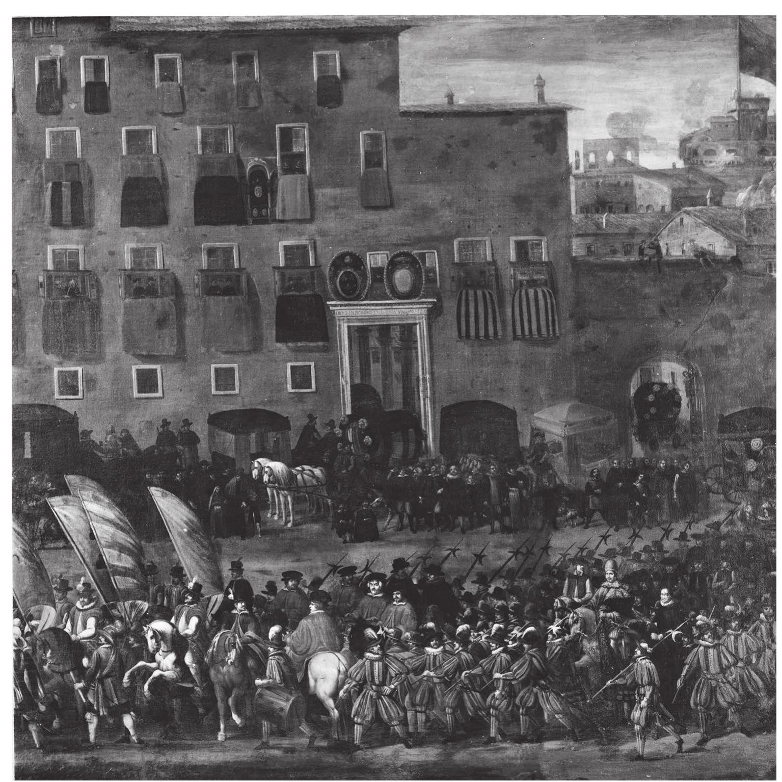 Figure 7.7 Attributed to Giovanni Ferri (Giovanni Senese), Cavalcata of the Roman Prefect Taddeo Barberini on the Via del Corso, detail, c. 1640, Banca di Roma, Rome. 
