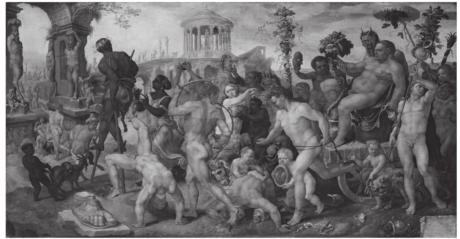 celebration and possibly also satire. Later, the Dutch artist Maarten van Heemskerck would recycle the imagery of the Pans in his painting of the Triumph of Bacchus, where a bloated and naked god of wine—rather than the pope—is carried past a triumphal arch towards the Temple of Bacchus (Figure 7.9).  The examples above suggest that antiquities collecting as a whole was shaped by the combination of solemnity and frivolity characteristic of the possesso, by the nature of private decorations set up for these events on the Via Papalis and by the history of ephemeral décor. The close relationship between antiquities display, the possesso and the Via Papalis suggests that the contrast between the Pasquino in pub- ic space and objects in private collections is not as stark as it may seem. It also suggests that ephemeral events on the street had a profound impact on the visual culture of antiquities collecting in Rome. One can draw parallels with the history of Roman architecture as it has been written by Manfredo Tafuri, Allan Ceen, Marcello Fagiolo, Maria Luisa Madonna and others, who have traced the lasting effects of rituals and processions on Rome’s built environment.® Temporary decorations set up for the possesso of Leo X have been understood, for example, as an inspiration for the facade of Raphael’s Palazzo Branconio dell’Aquila, decorated with festive  