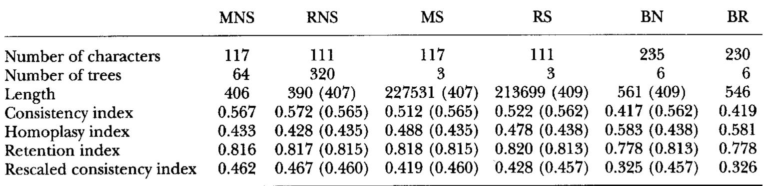 TABLE 2. Statistics for the MNS (all characters included, unscaled, multistate data), RNS (as for MNS, but with characters 6, 14, 15, 22 and 100 excluded), MS [all characters included, scaled (x1000), multistate], RS (as for MS, but with the same five characters excluded as in RNS), BN (the binary data set with all characters included) and BR (the binary data set with the same five characters excluded as in RNS and RS). The figures in brackets are statistics obtained for the particular tree topology with the multistate data unscaled and with all characters included, as in Appendix 1, for direct comparison with the results for the MNS analysis. These results are identical for the BN and BR analyses 