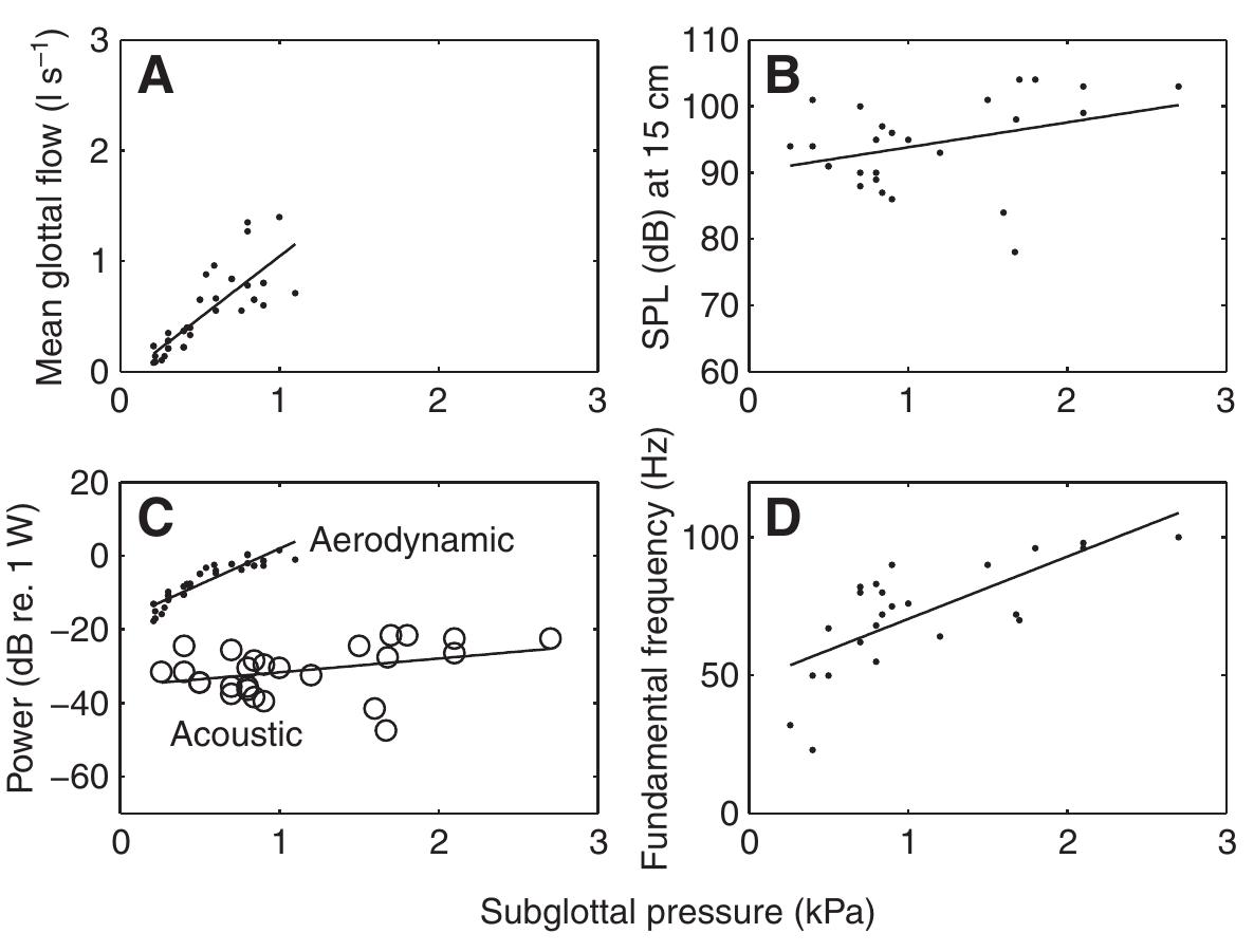 the need for a larger rotameter was not anticipated. A larger device was obtained after the first experiment was completed. Note, however, that glottal airflow and aerodynamic power for this female basically  sound-level meter was set on the Ascale (typical for evel recording) and had to be corrected according to its  00 Hz (Fig.4D). The female’s growl Fo in live record 49.5 Hz (N=6; range 40-67 Hz, s.d. 2.4-9.1 Hz), whi  follow the trends for the male up to the measurement limit. The acoustic power and SPL data are less reliable, however, because the  human sound- ow-frequency  roll-off. All other measurements (for four other specimens) were made with a flat low-frequency response. Fundamental frequency reached  ings averaged ch falls in the  lower part of the excised larynx Fo range, suggesting t does not stretch its vocal folds much for these ph  hat the animal onations. The  recorded growls from this female had inharmonic partials, suggesting nonlinear phenomena or biphonation. These nonlinear phenomena  will be discussed in a later paper.  Fig. 5 shows results for the second female Amur. The cadaveric vocal fold length was 35.3 mm, from which the length in vibration was increased by 2.1 mm and decreased by 2.0mm, again a smaller 