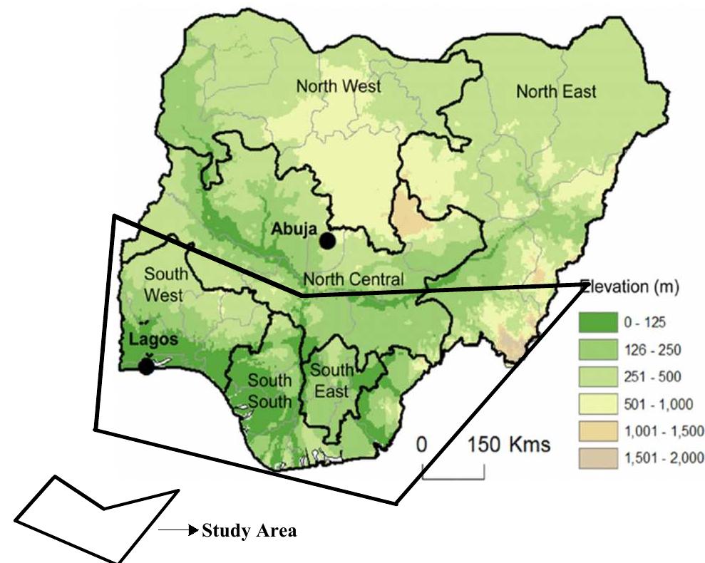 Map of nigeria showing selected part of the study area